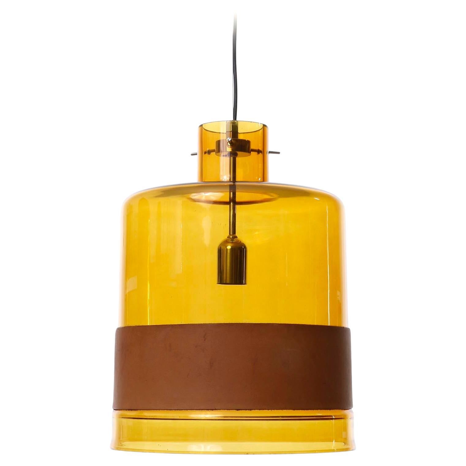 Pendant Light 'Campana' by J.T. Kalmar, Amber Glass Leather Chrome, 1970 For Sale