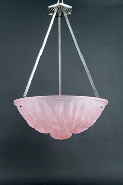 Pendelleuchte / Kronleuchter / Schalenschirm Glas mit Blumenmotiv, Art Deco 1930er Jahre