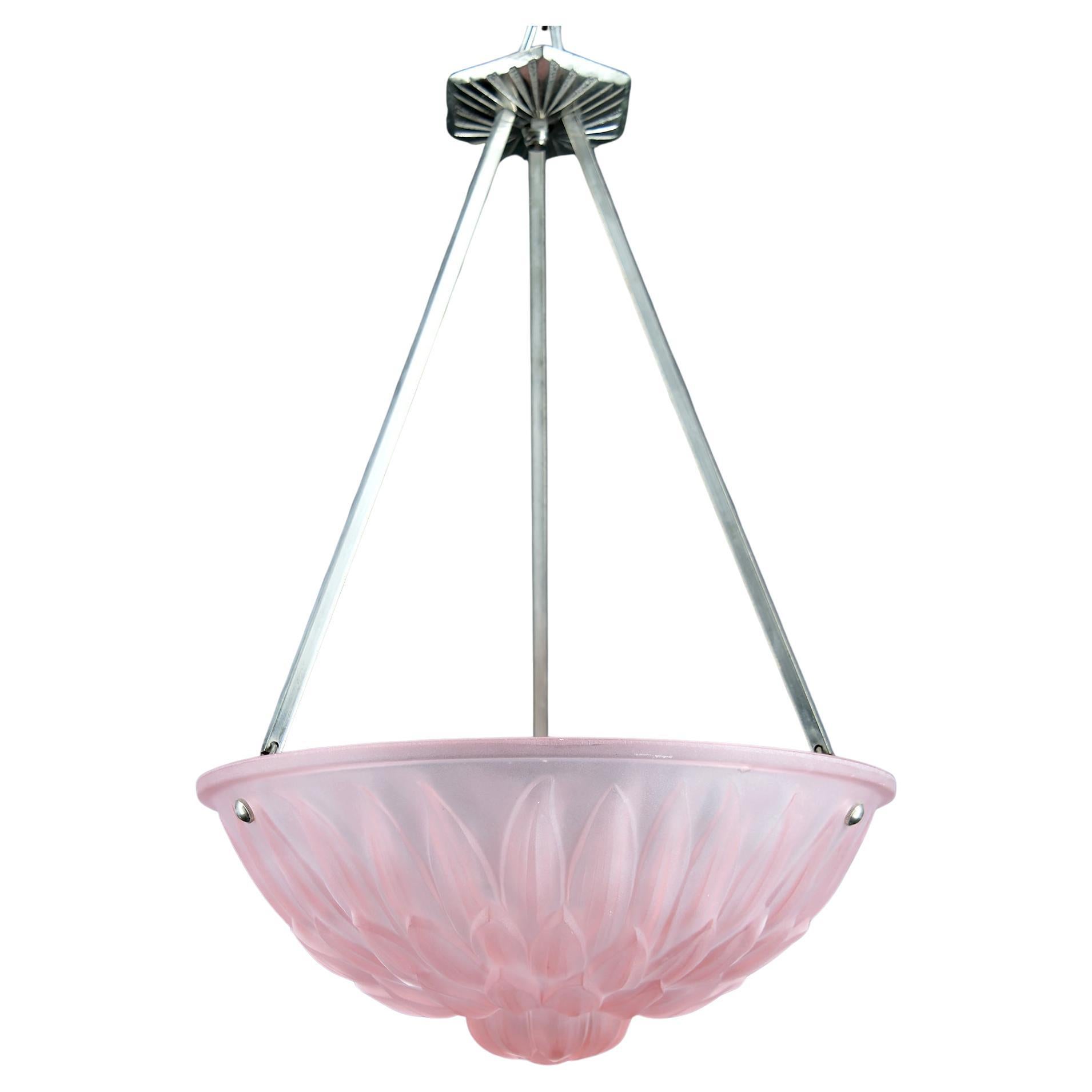 Lampada a sospensione / lampadario / paralume a ciotola in vetro con motivo floreale, Art Deco anni '30 in vendita