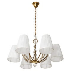Pendelleuchte Kronleuchter, Messingglas, weiße plissierte Seidenschirme, 1960