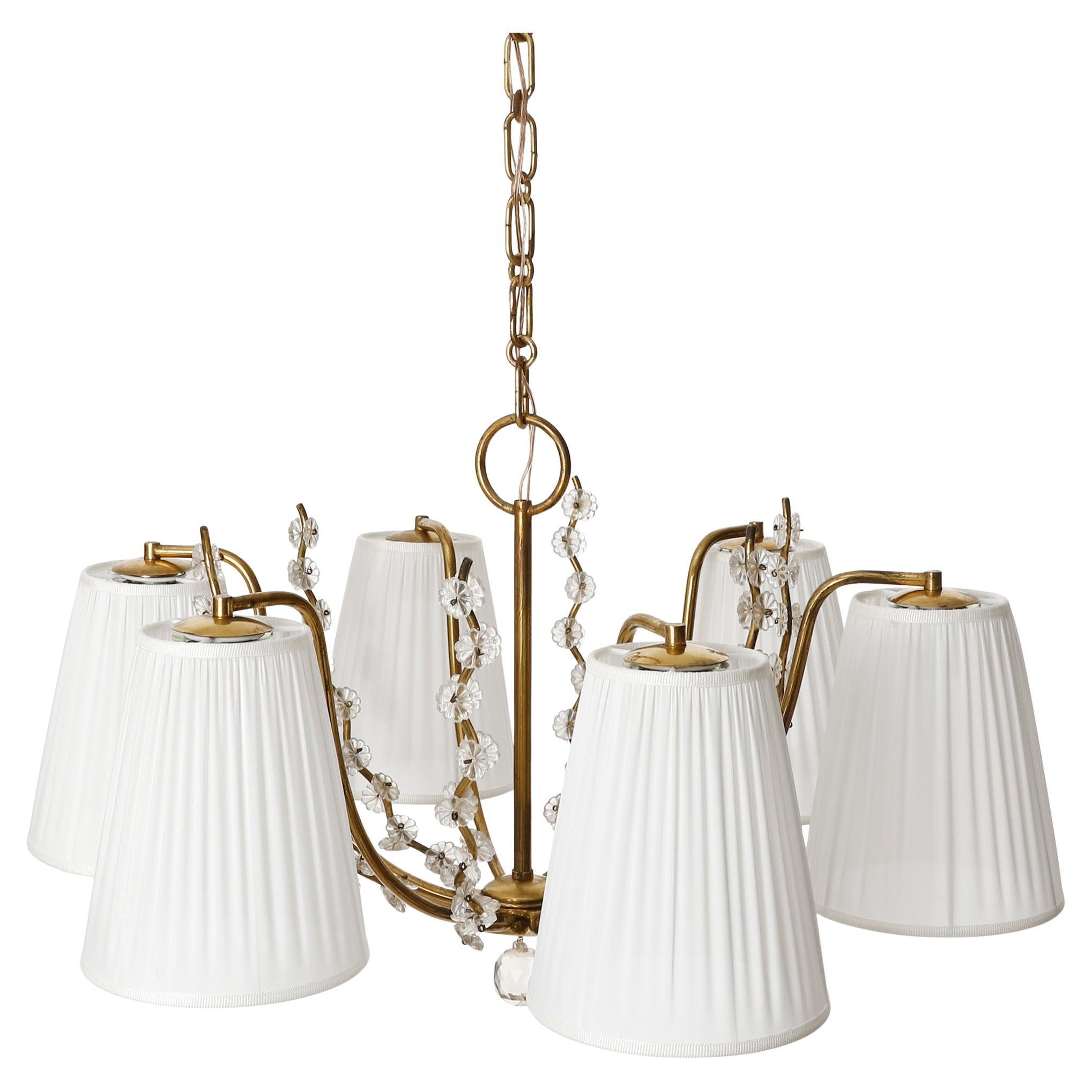 Mid-Century Modern Pendant Light Chandelier, Brass Glass White Pleated Silk Shades, 1960 For Sale