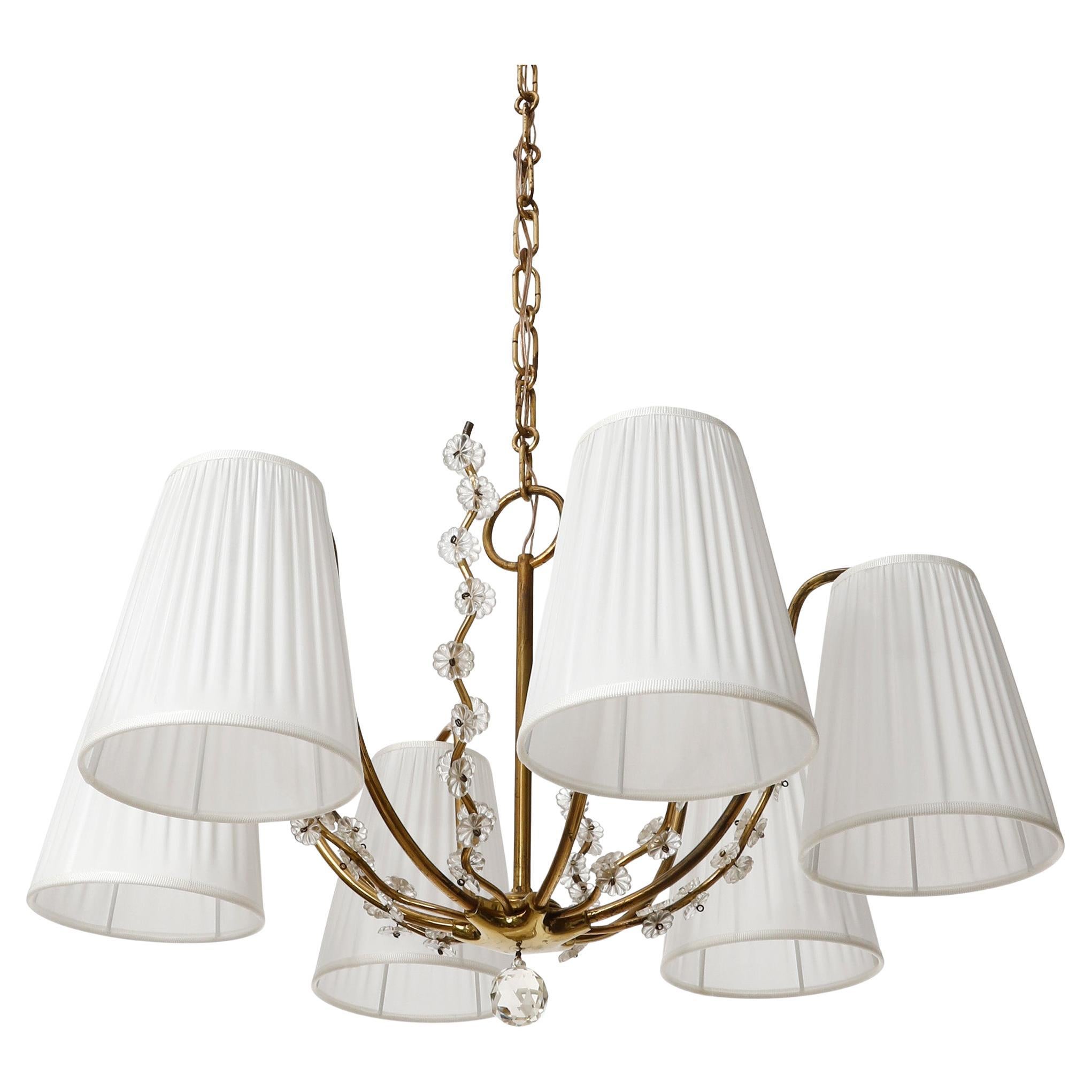 Austrian Pendant Light Chandelier, Brass Glass White Pleated Silk Shades, 1960 For Sale