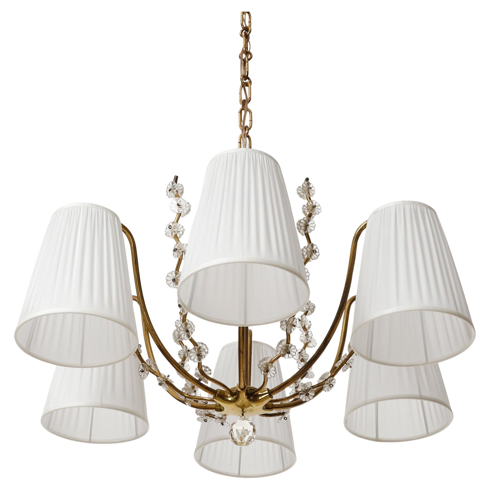 Mid-20th Century Pendant Light Chandelier, Brass Glass White Pleated Silk Shades, 1960 For Sale