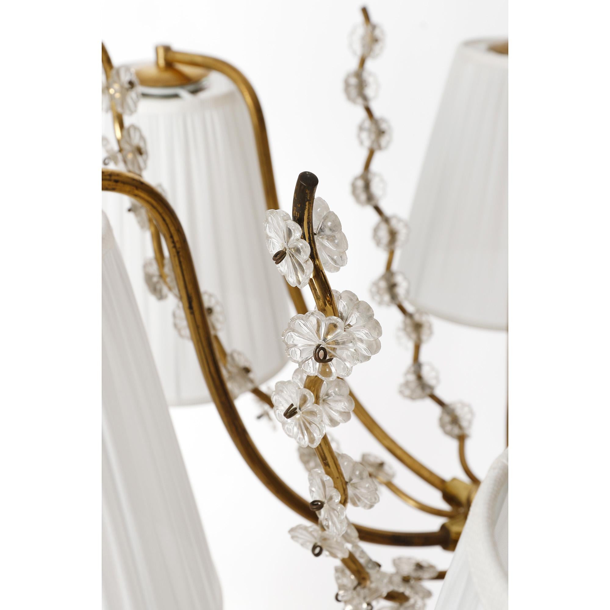 Pendant Light Chandelier, Brass Glass White Pleated Silk Shades, 1960 For Sale 1