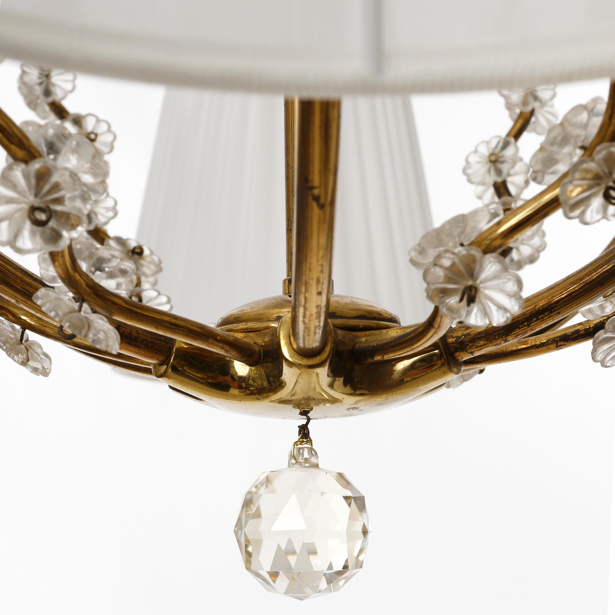 Pendant Light Chandelier, Brass Glass White Pleated Silk Shades, 1960 For Sale 2