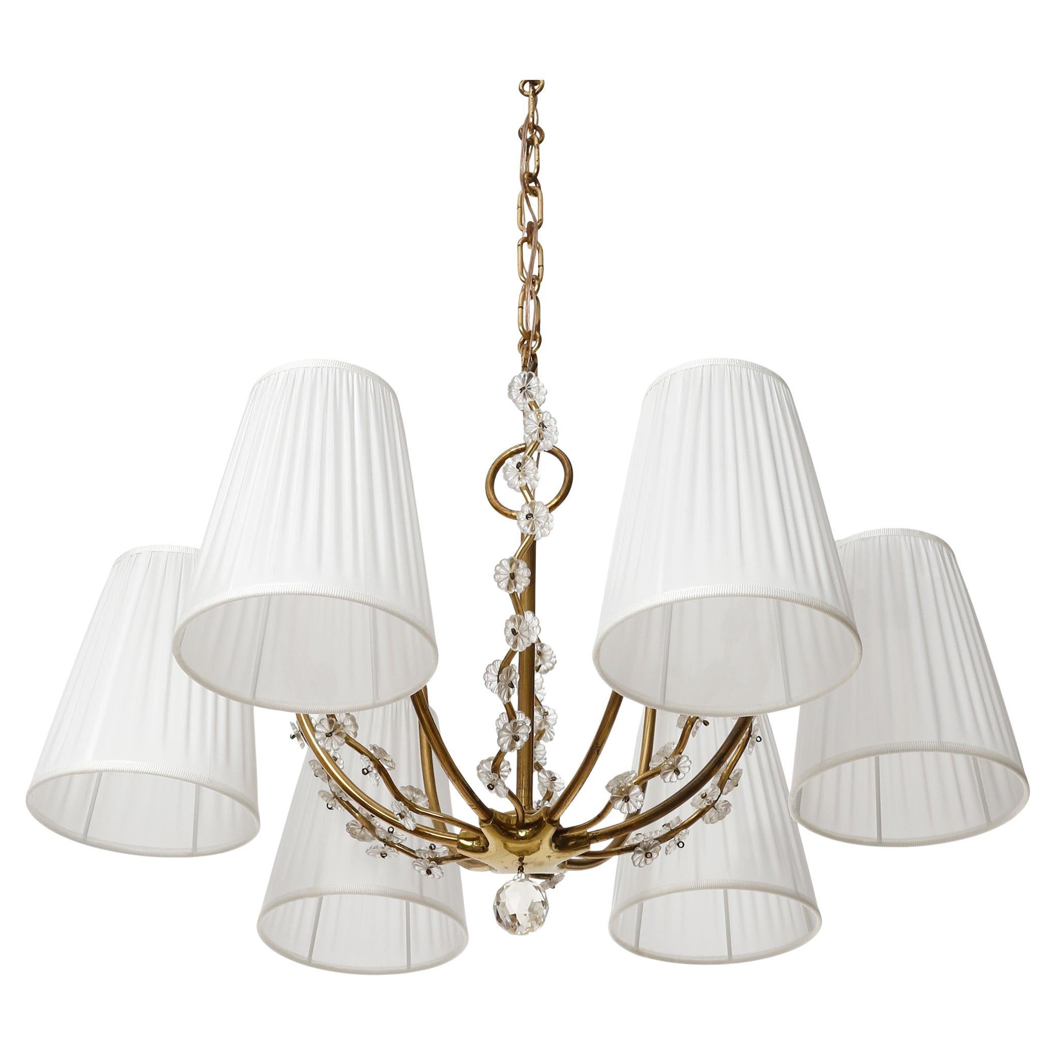 Polished Pendant Light Chandelier, Brass Glass White Pleated Silk Shades, 1960 For Sale