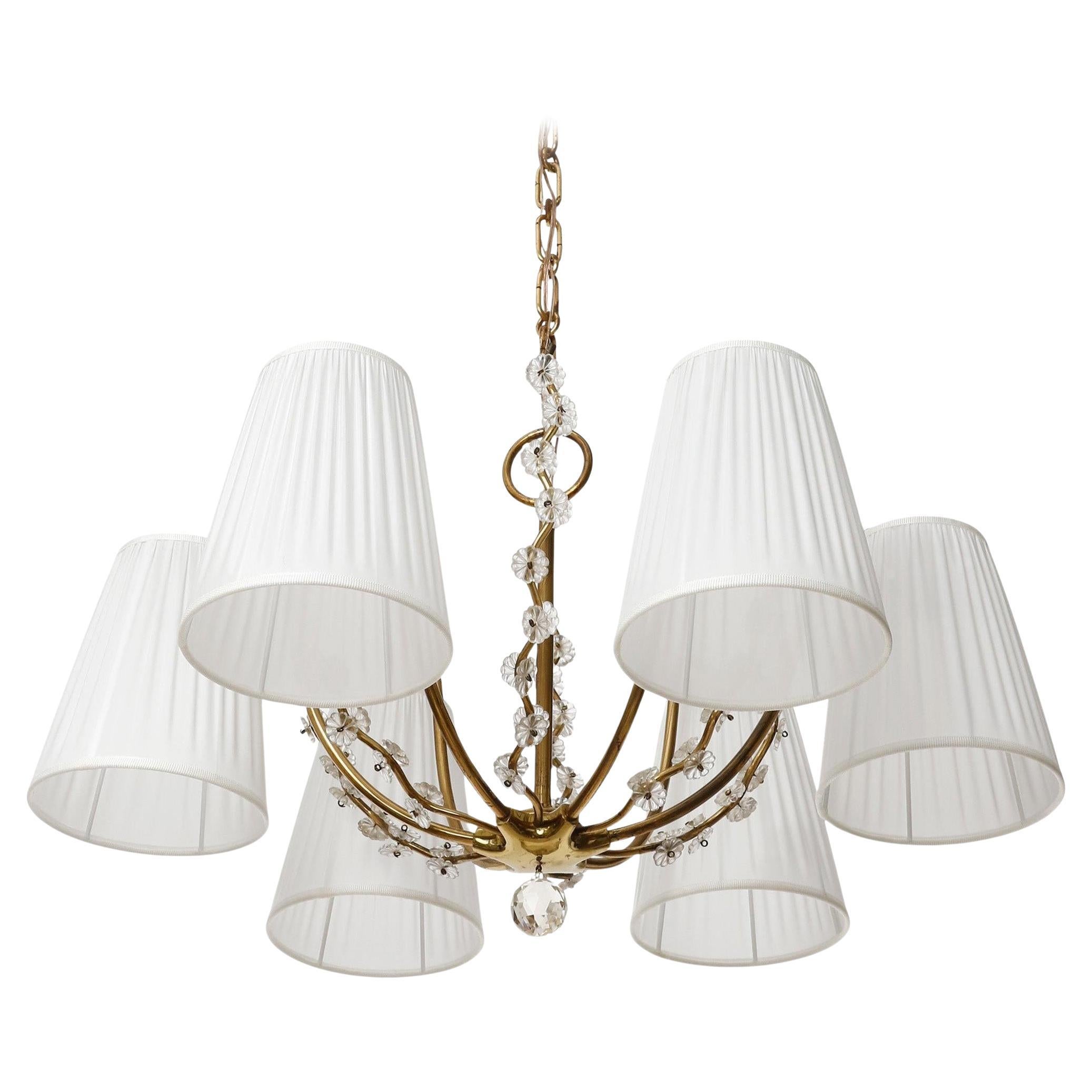 Pendant Light Chandelier, Brass Glass White Pleated Silk Shades, 1960 For Sale