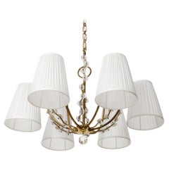 Pendant Light Chandelier, Brass Glass White Pleated Silk Shades, 1960