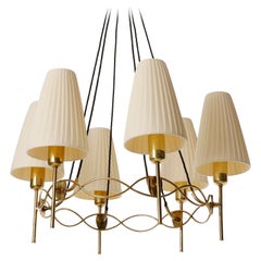 Pendant Light Chandelier, Brass Pleated Cream Fabric Shades, 1950s