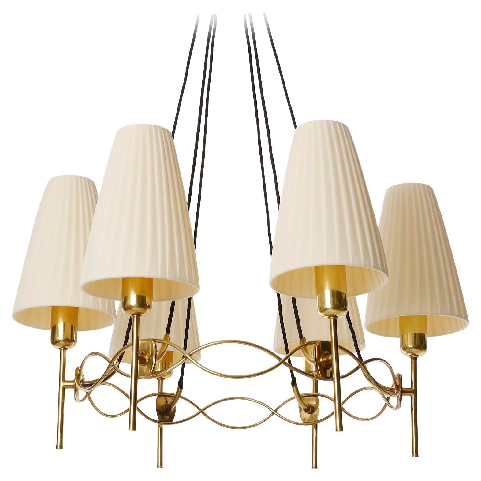 Pendant Light Chandelier, Brass Pleated Cream Fabric Shades, 1950s