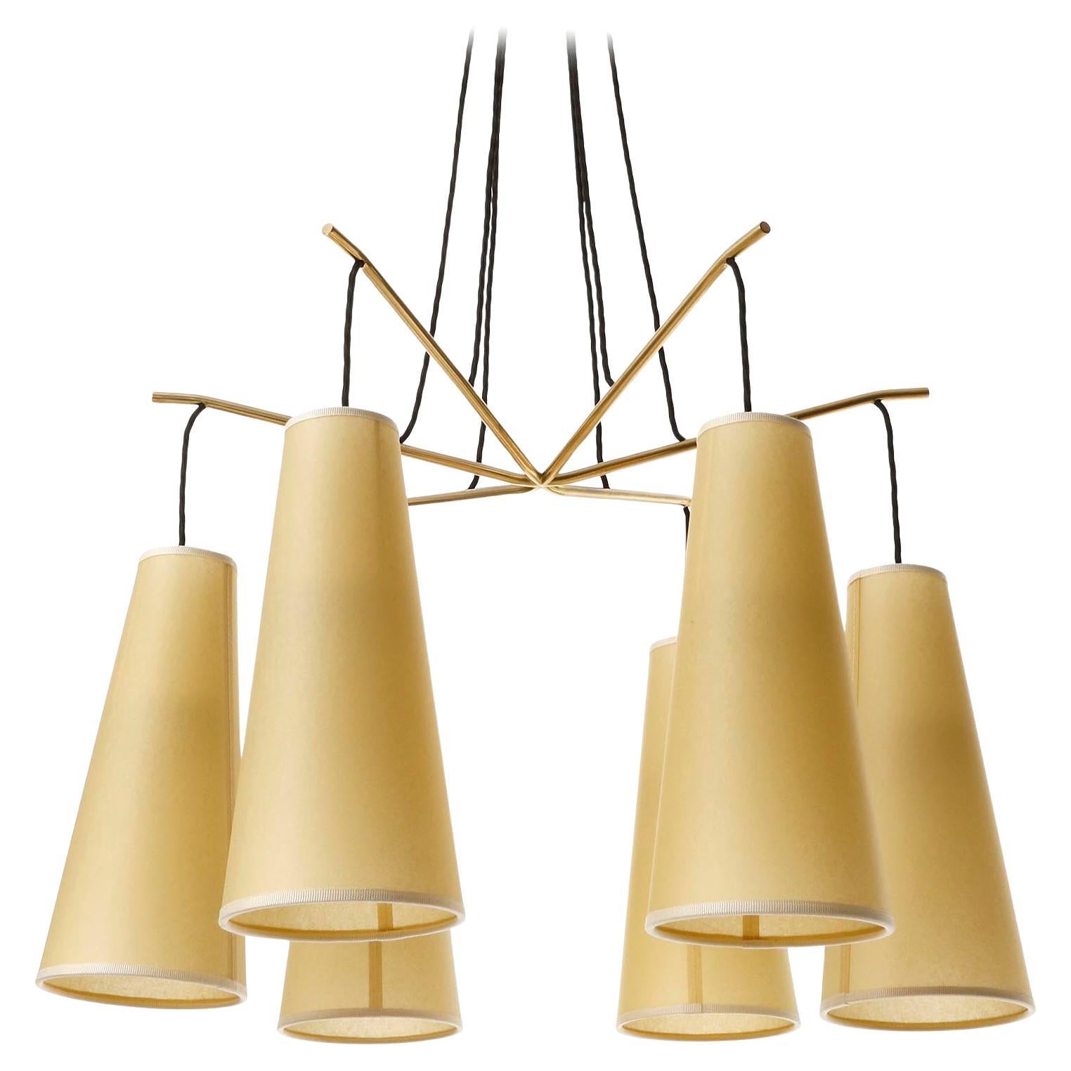 A fantastic pendant light model 'Gavotte' no. '3762/M 6' by J.T. Kalmar, Vienna, Austria, manufactured in midcentury, ca. 1960 (late 1950s or early 1960s).
Parchment lampshades hang from a star-shaped construction with 6 arms.
The light is great