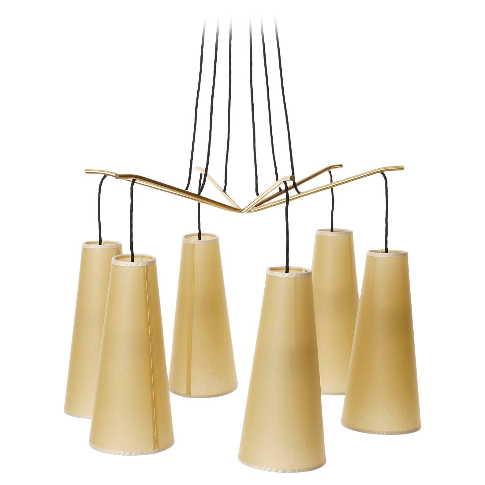 Mid-Century Modern Pendant Light Chandelier 'Gavotte' by J.T. Kalmar, Brass Parchment Shades, 1960s For Sale