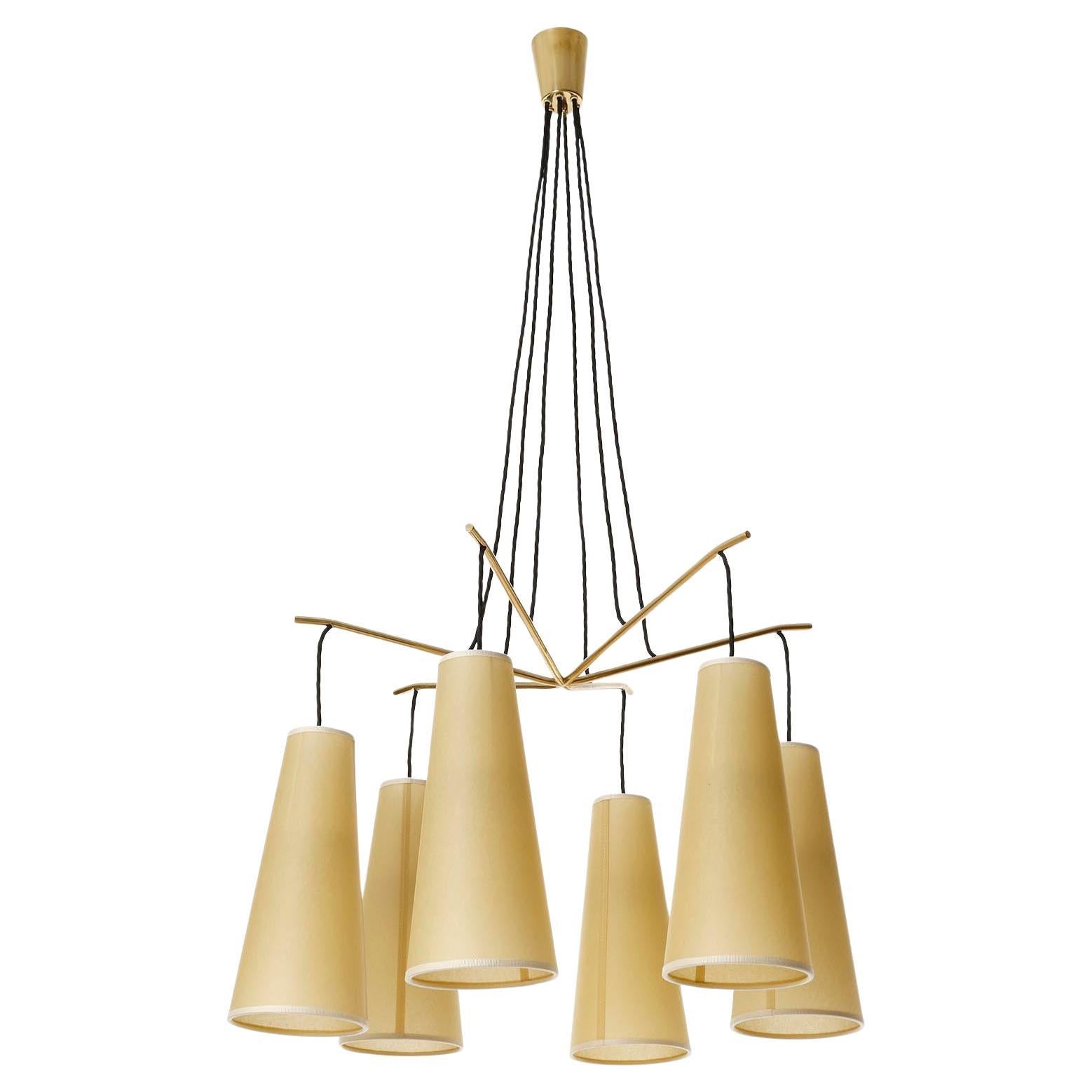 Austrian Pendant Light Chandelier 'Gavotte' by J.T. Kalmar, Brass Parchment Shades, 1960s For Sale