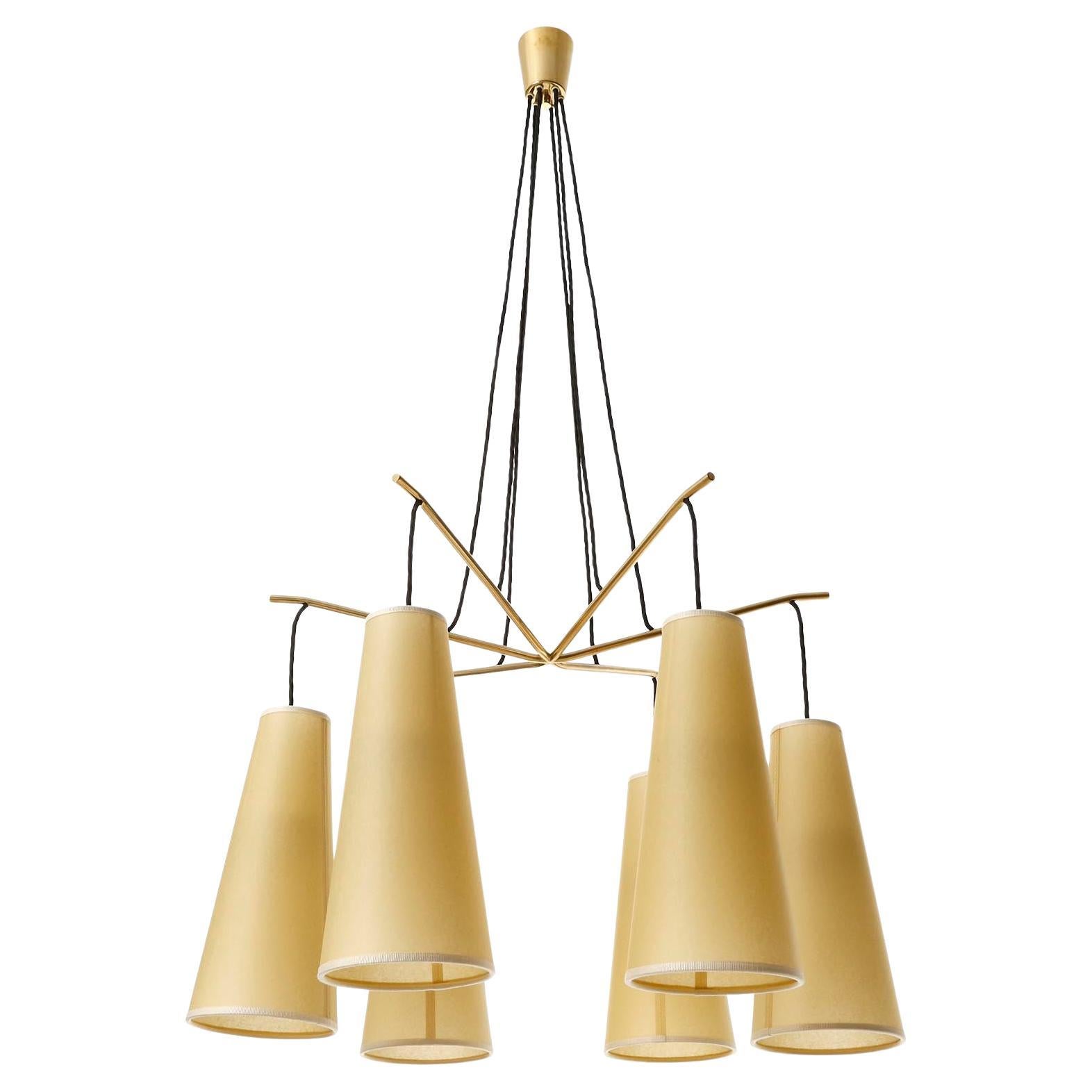 Polished Pendant Light Chandelier 'Gavotte' by J.T. Kalmar, Brass Parchment Shades, 1960s For Sale