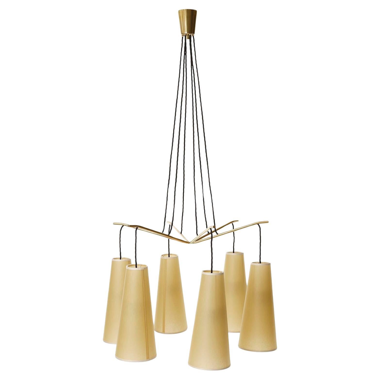 Pendant Light Chandelier 'Gavotte' by J.T. Kalmar, Brass Parchment Shades, 1960s In Excellent Condition For Sale In Hausmannstätten, AT