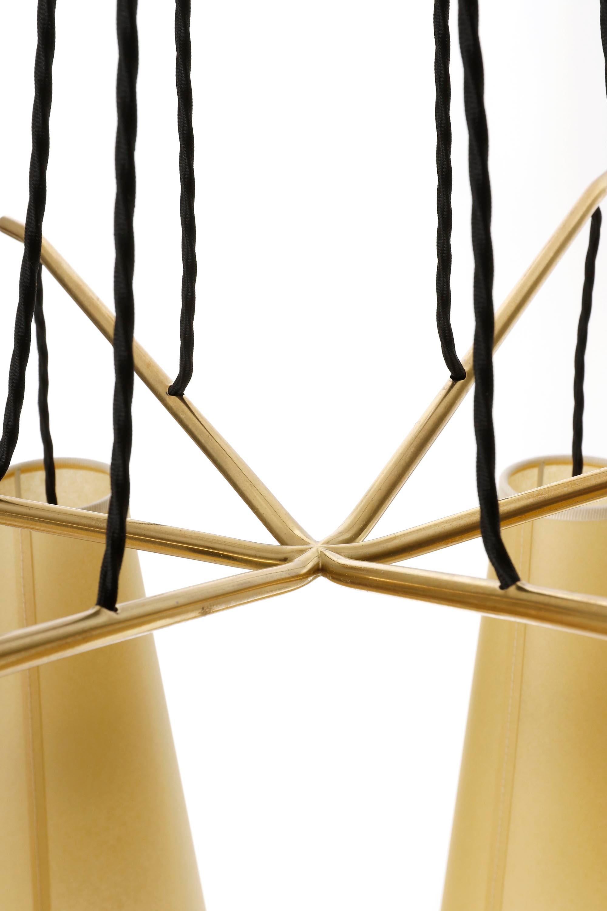 Mid-20th Century Pendant Light Chandelier 'Gavotte' by J.T. Kalmar, Brass Parchment Shades, 1960s For Sale
