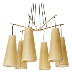 Pendant Light Chandelier 'Gavotte' by J.T. Kalmar, Brass Parchment Shades, 1960s