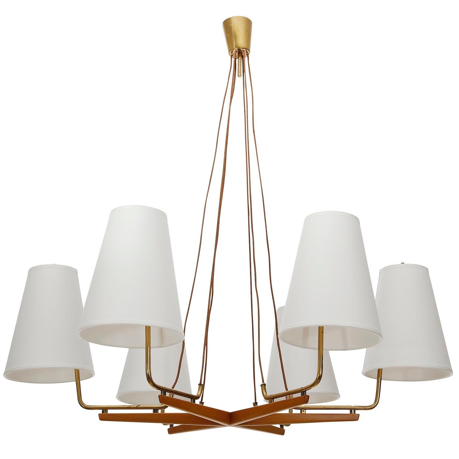 Mid-Century Modern Pendant Light Chandelier 'Holzstern' by J.T. Kalmar, Brass Walnut Wood, 1960s