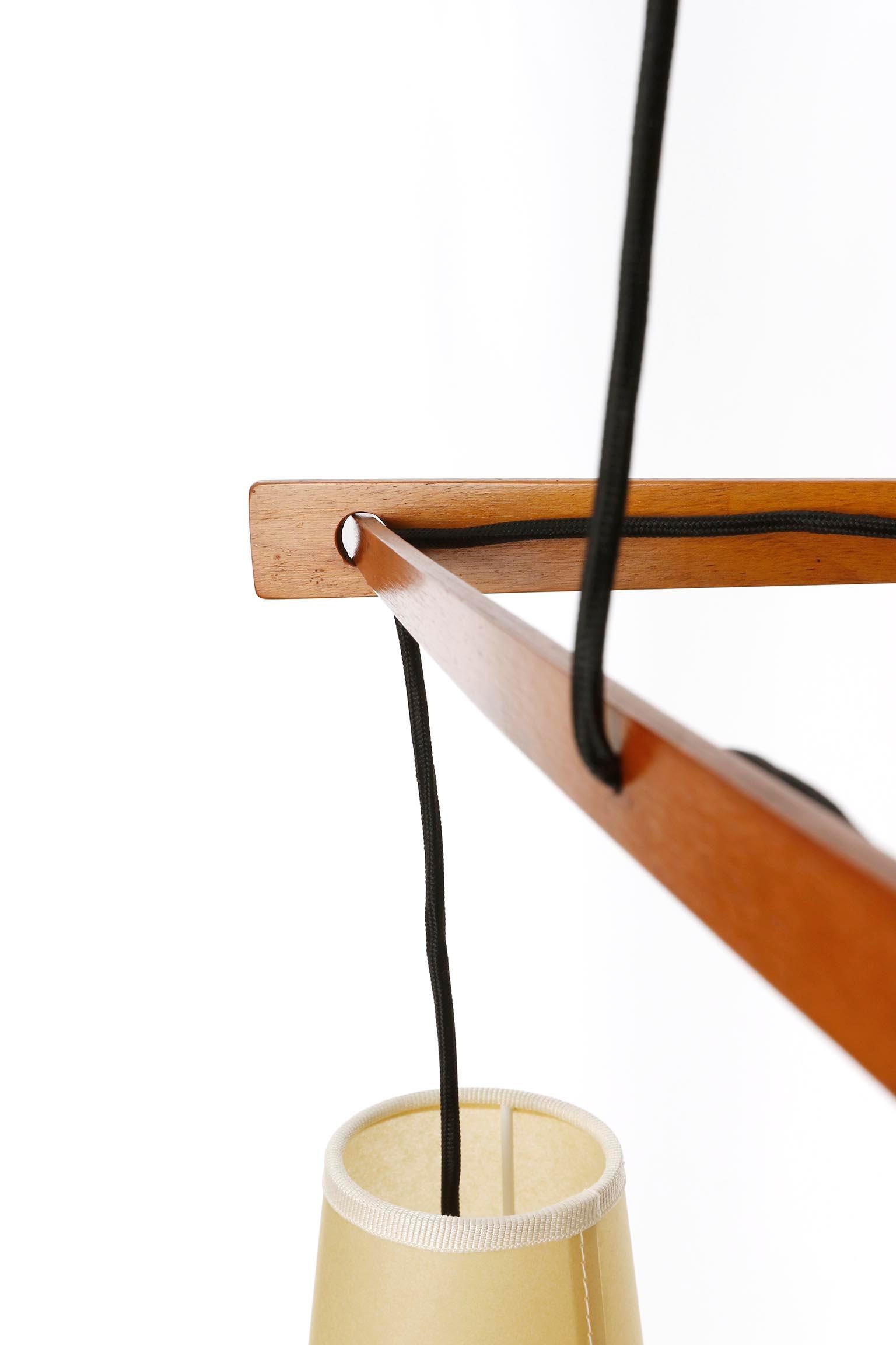 Pendant Light 'Dreistich' J.T. Kalmar, Brass Walnut Wood Parchment Shades, 1960s For Sale 3