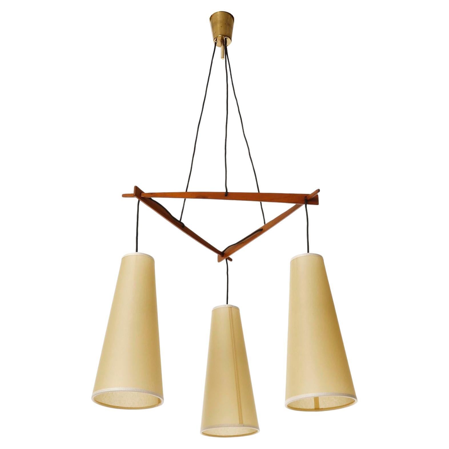 Austrian Pendant Light 'Dreistich' J.T. Kalmar, Brass Walnut Wood Parchment Shades, 1960s For Sale