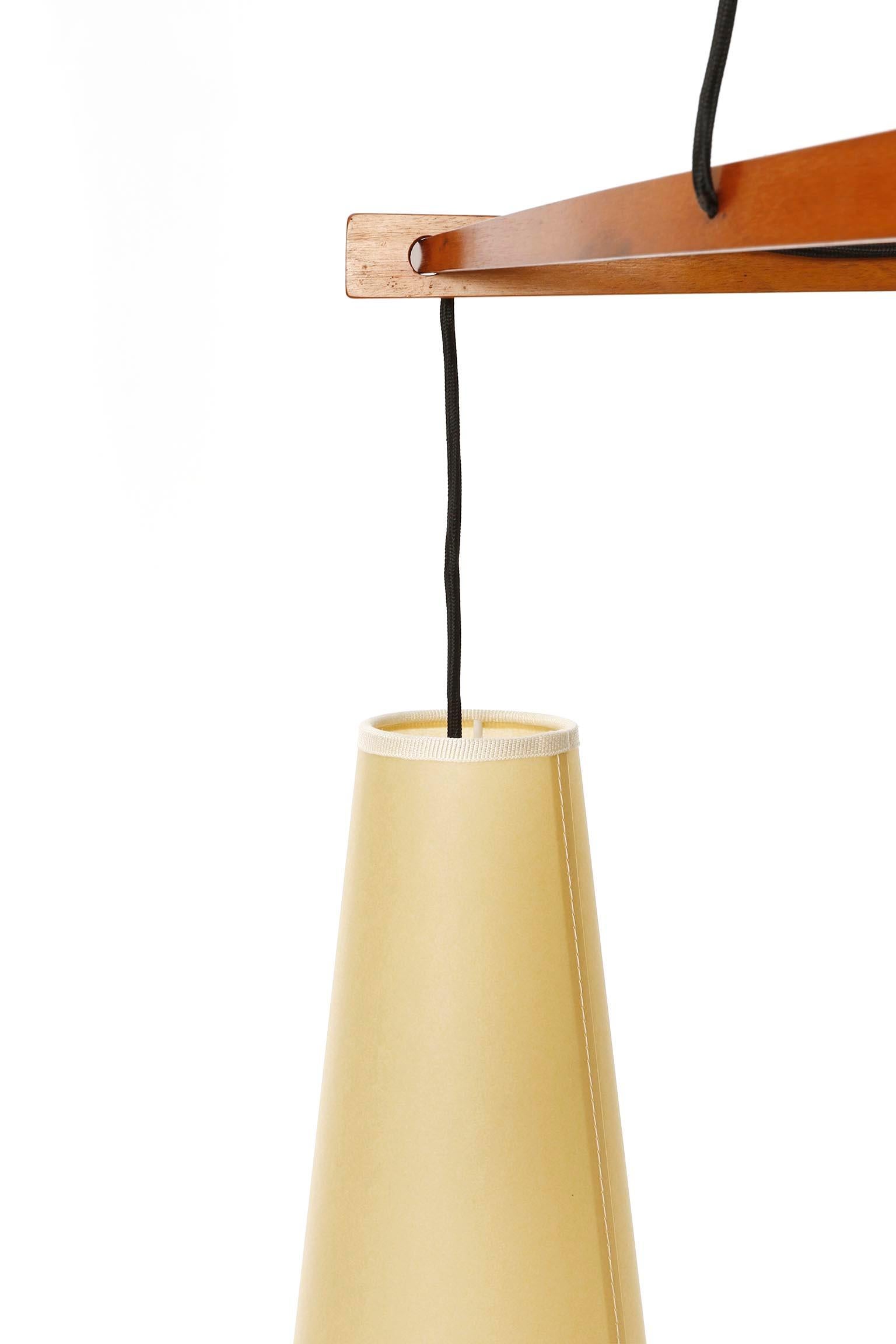 Pendant Light 'Dreistich' J.T. Kalmar, Brass Walnut Wood Parchment Shades, 1960s For Sale 1