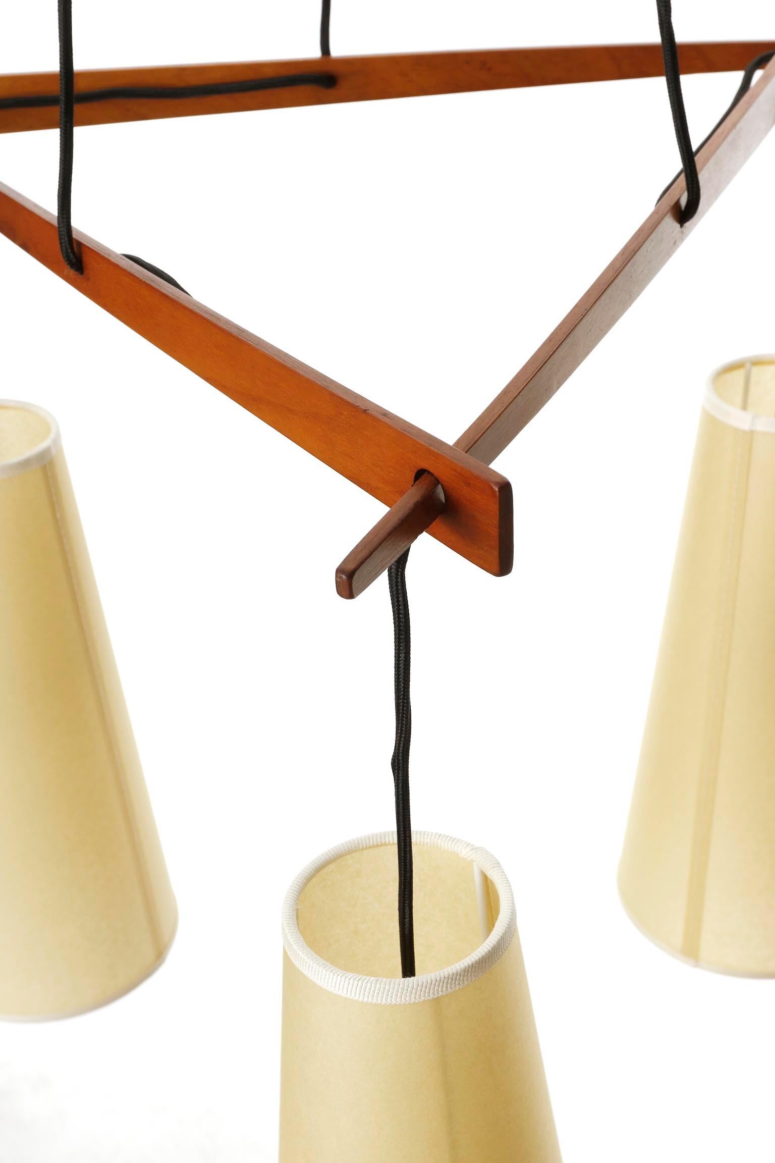 Pendant Light 'Dreistich' J.T. Kalmar, Brass Walnut Wood Parchment Shades, 1960s For Sale 2