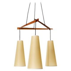 Pendant Light 'Dreistich' J.T. Kalmar, Brass Walnut Wood Parchment Shades, 1960s