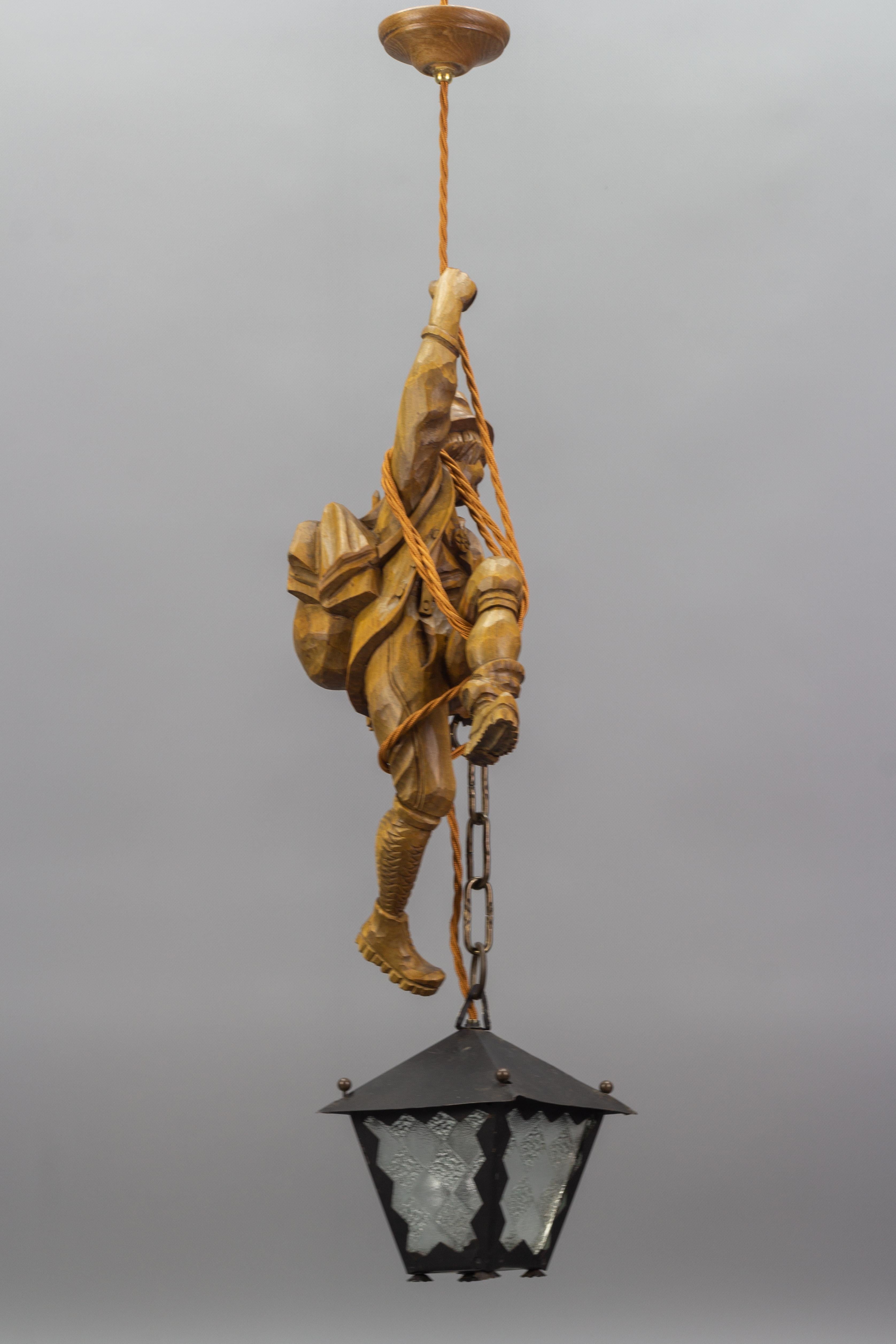 Mid-20th Century Pendant Light Fixture Carved Wood Figure Climber with Lantern, Germany