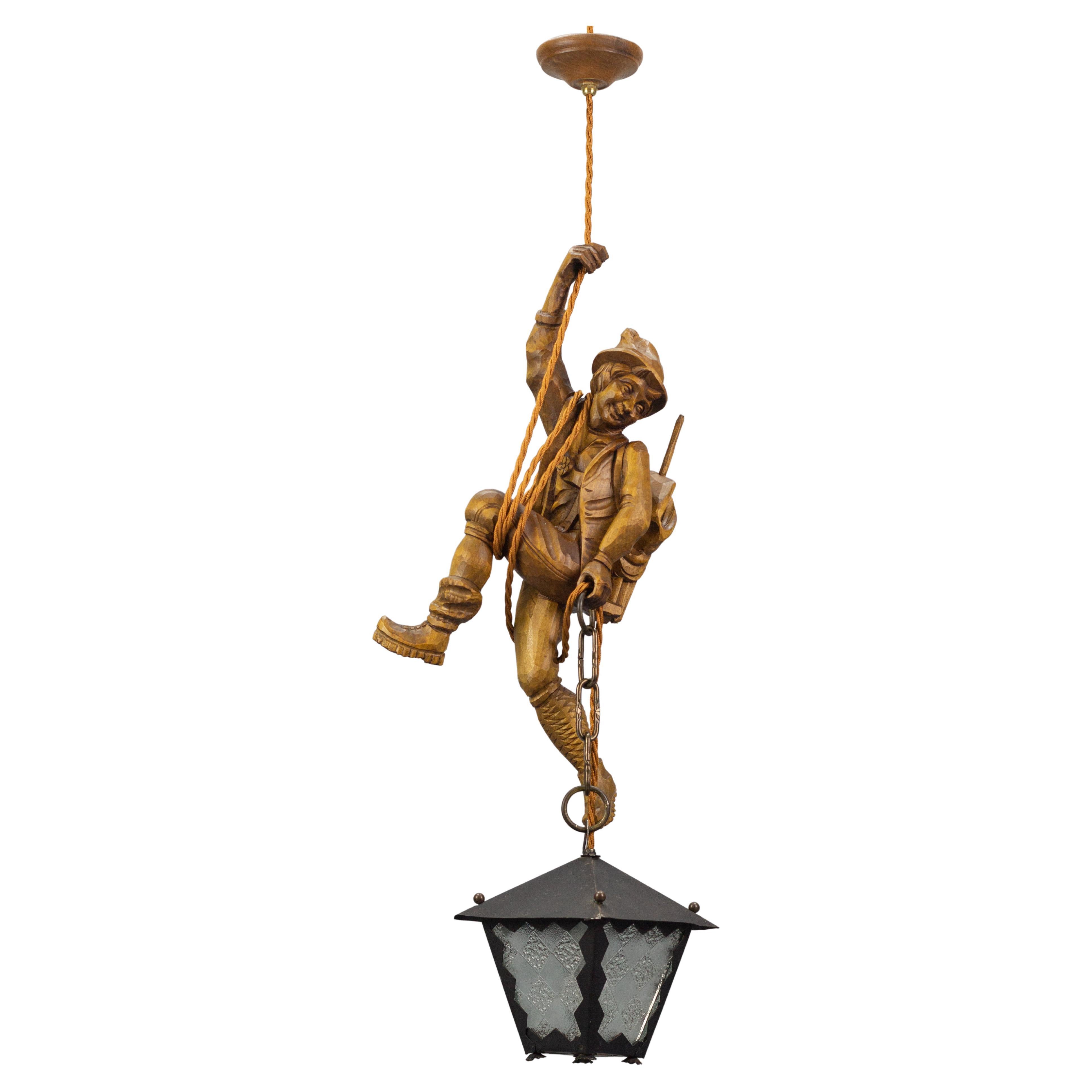 Pendant Light Fixture Carved Wood Figure Climber with Lantern, Germany