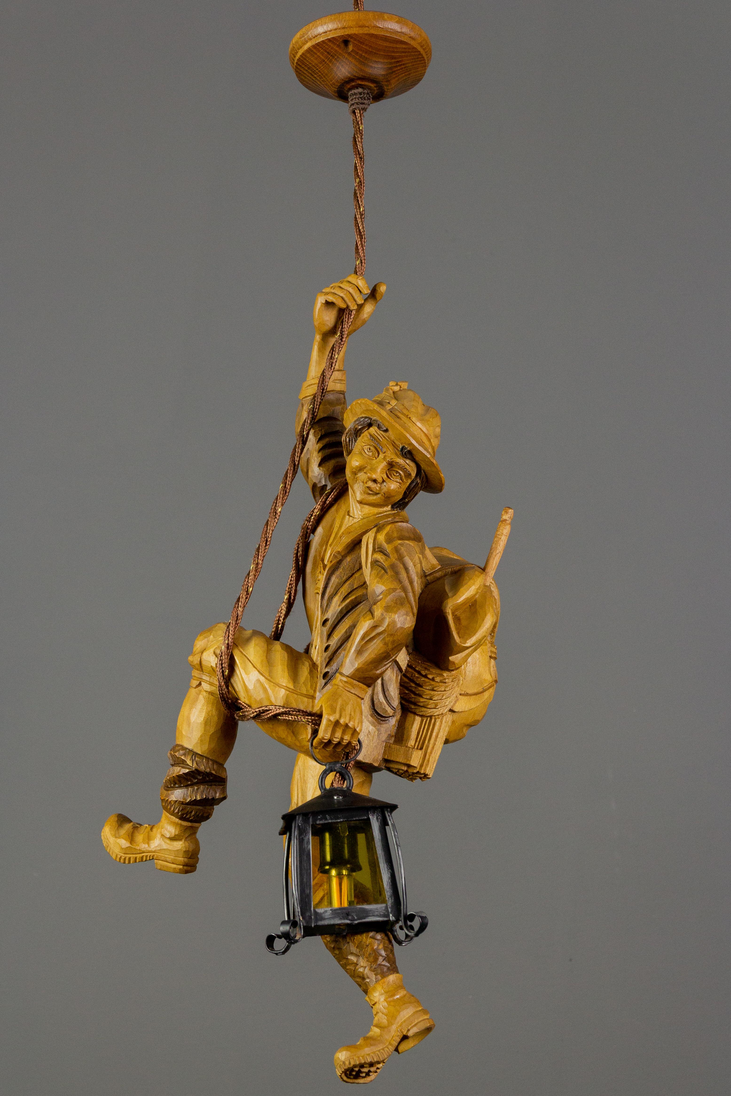 Pendant Light Fixture Hand Carved Wood Figure Climber with Lantern, Germany 3