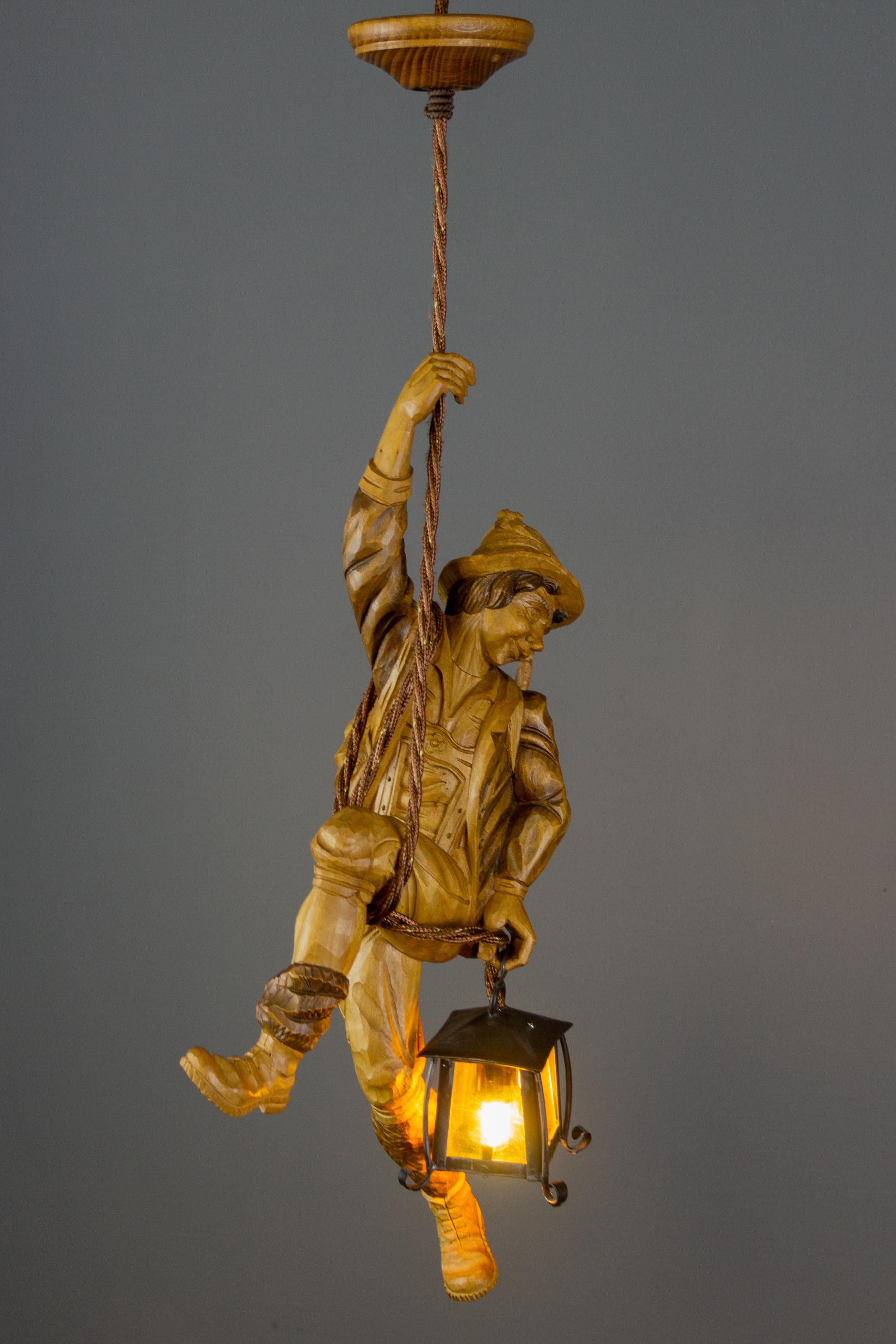 Pendant Light Fixture Hand Carved Wood Figure Climber with Lantern, Germany 4
