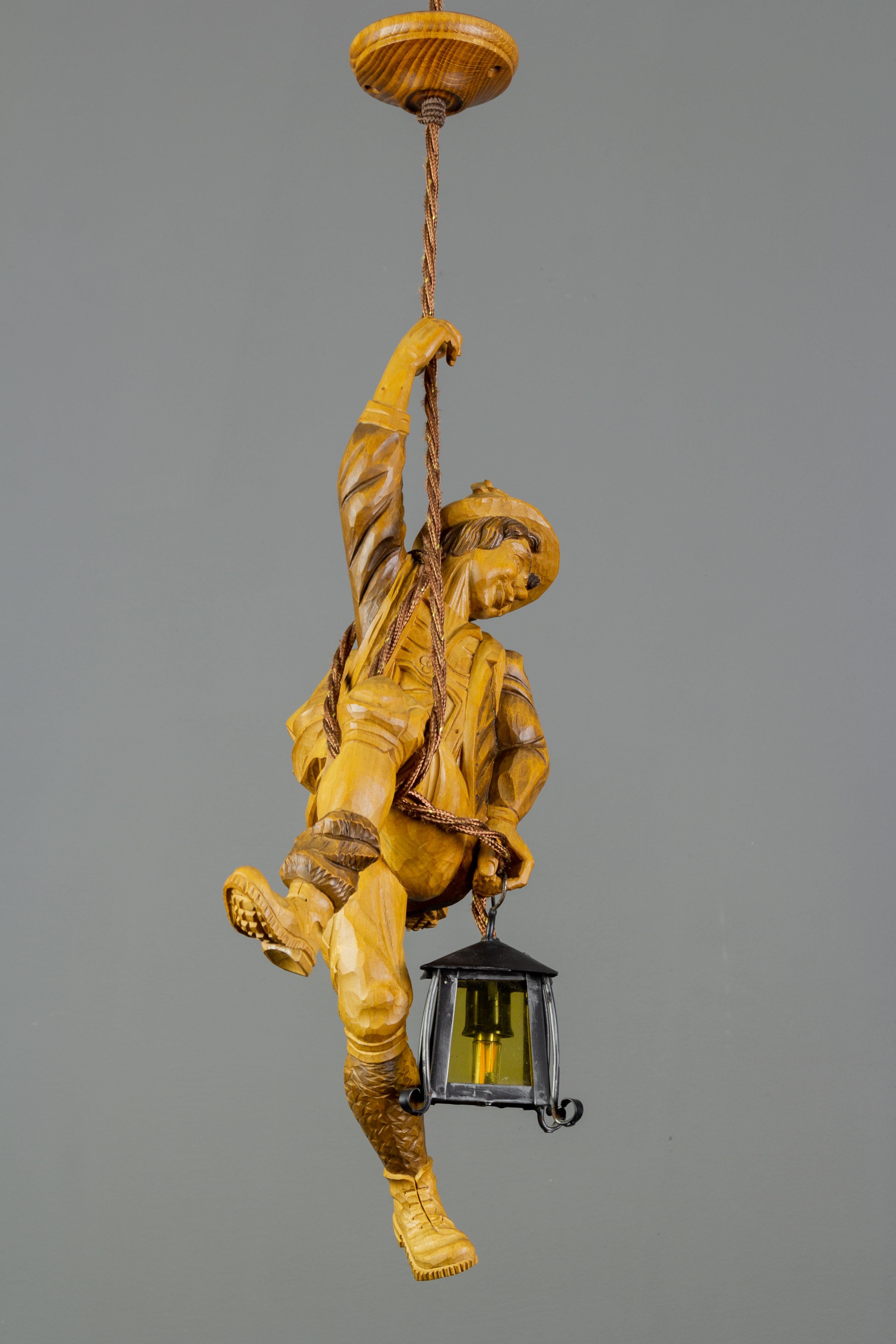 Pendant Light Fixture Hand Carved Wood Figure Climber with Lantern, Germany 12