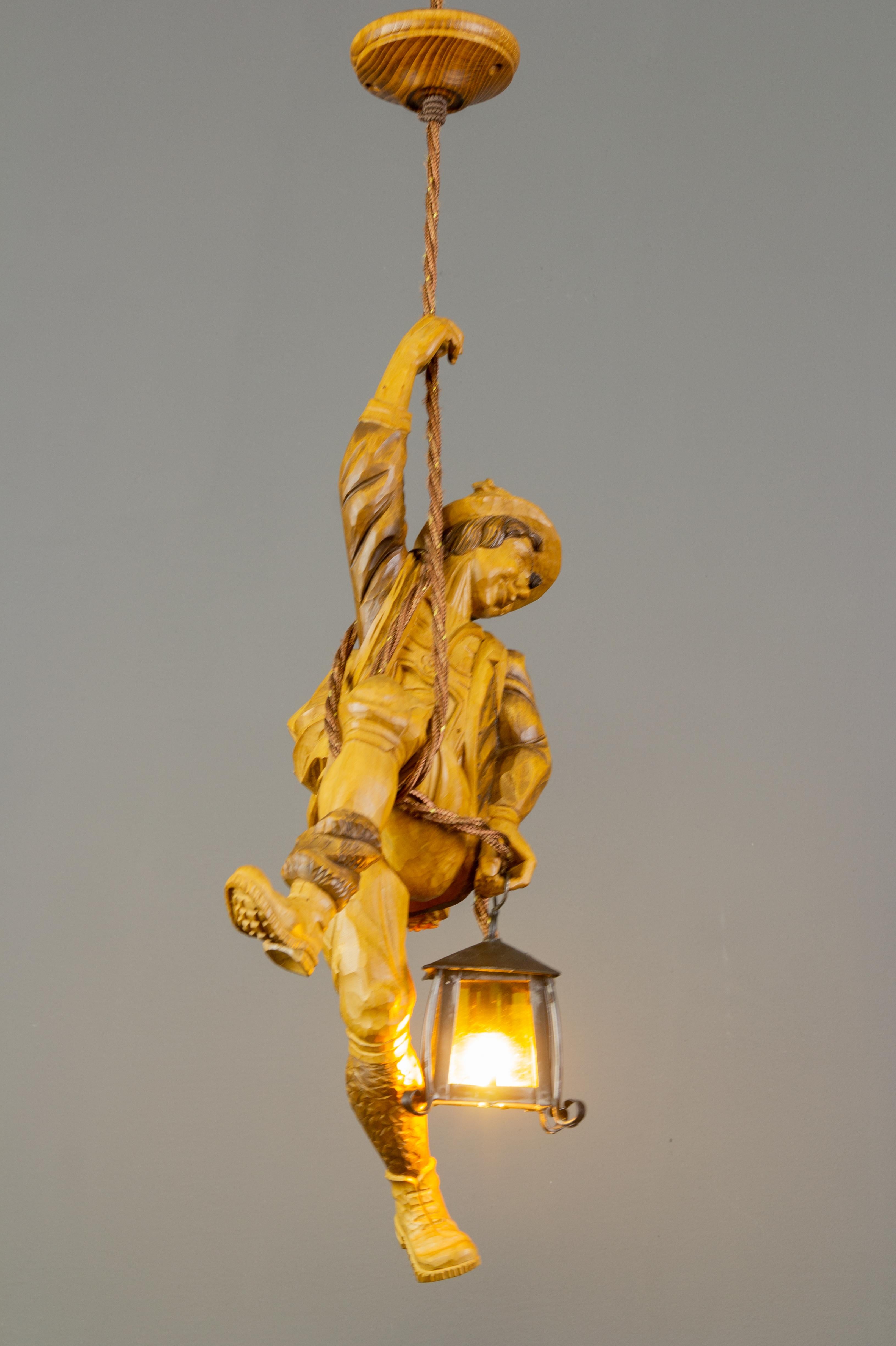 Pendant Light Fixture Hand Carved Wood Figure Climber with Lantern, Germany 13