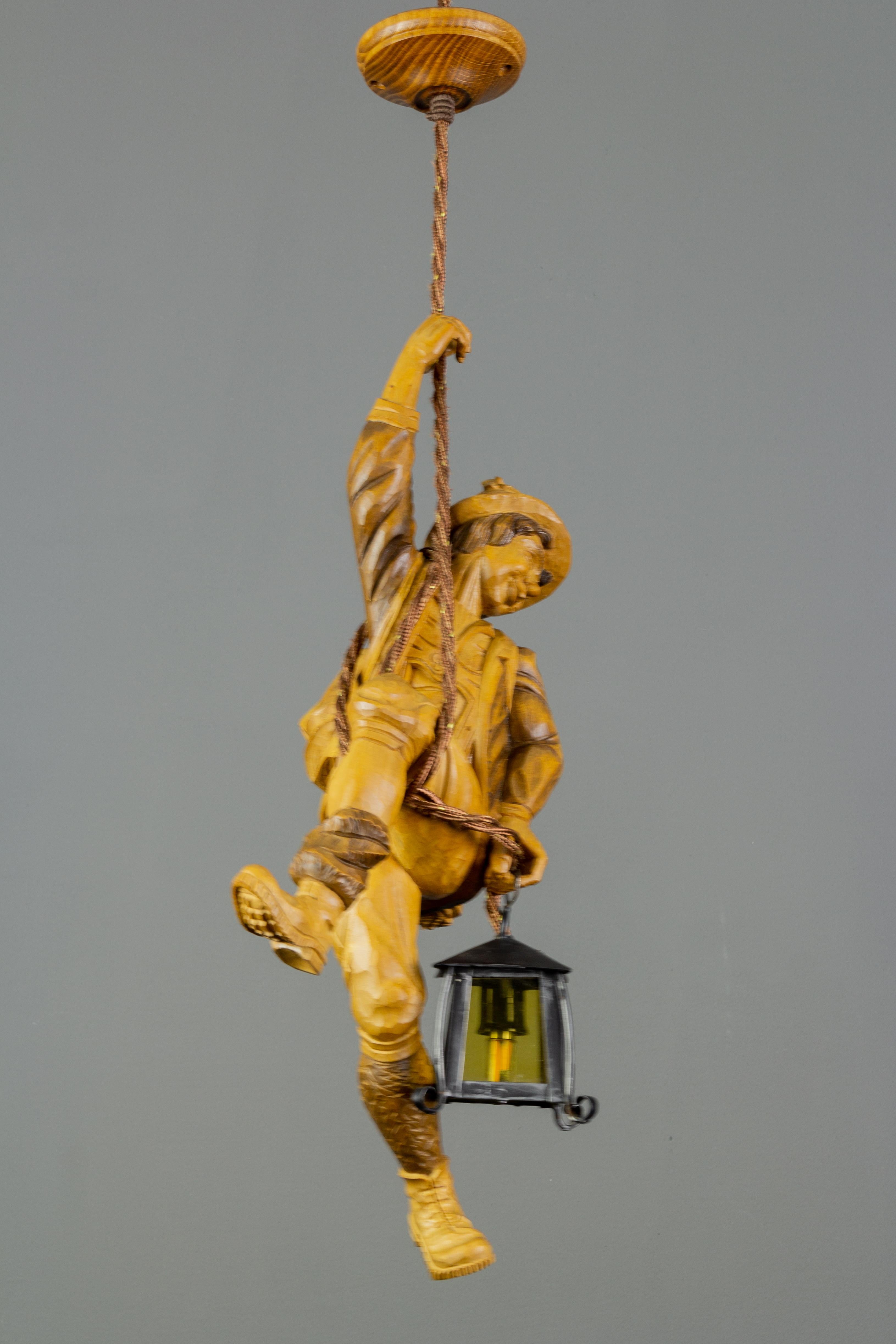 Black Forest Pendant Light Fixture Hand Carved Wood Figure Climber with Lantern, Germany