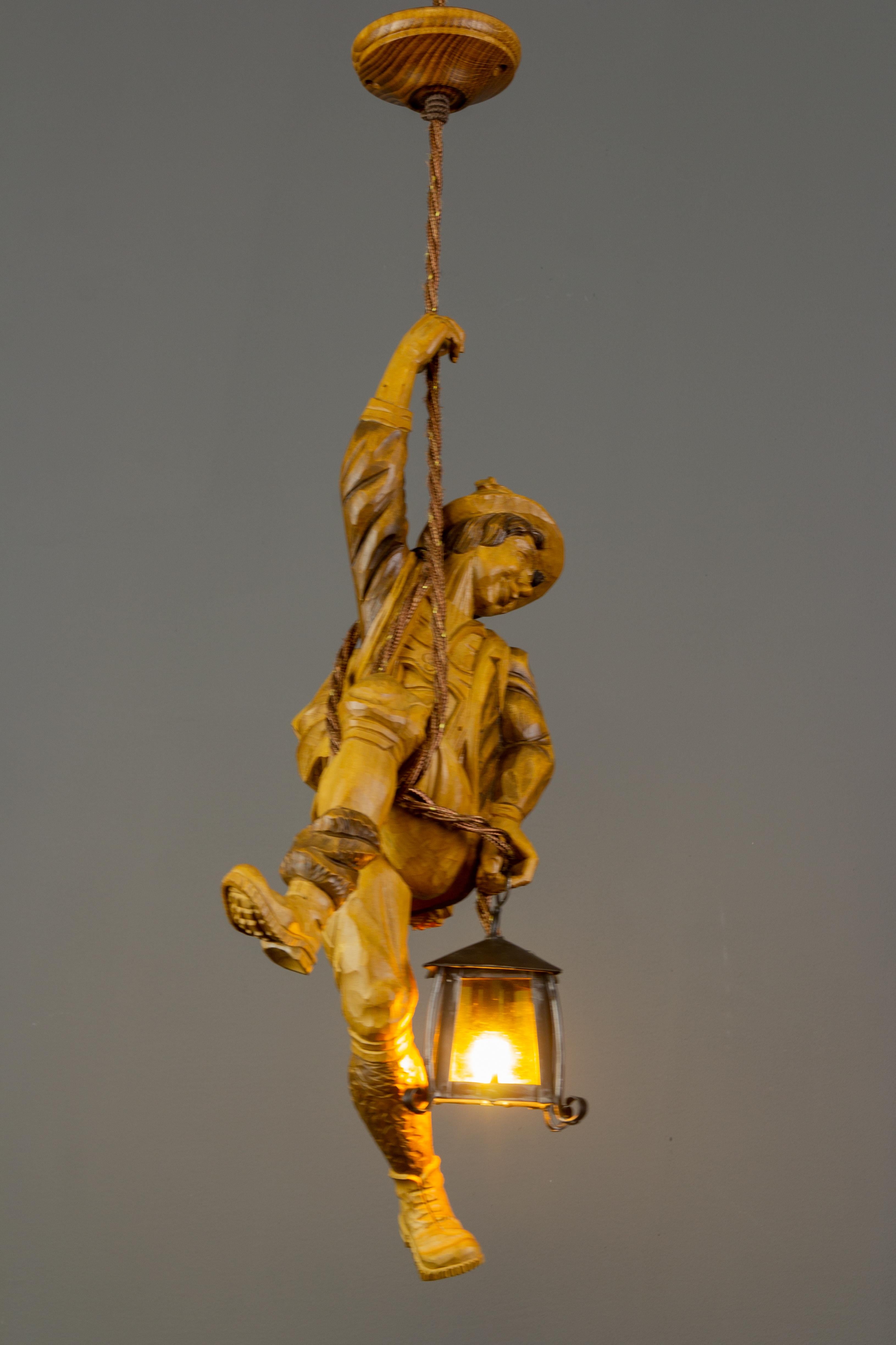 Hand-Carved Pendant Light Fixture Hand Carved Wood Figure Climber with Lantern, Germany