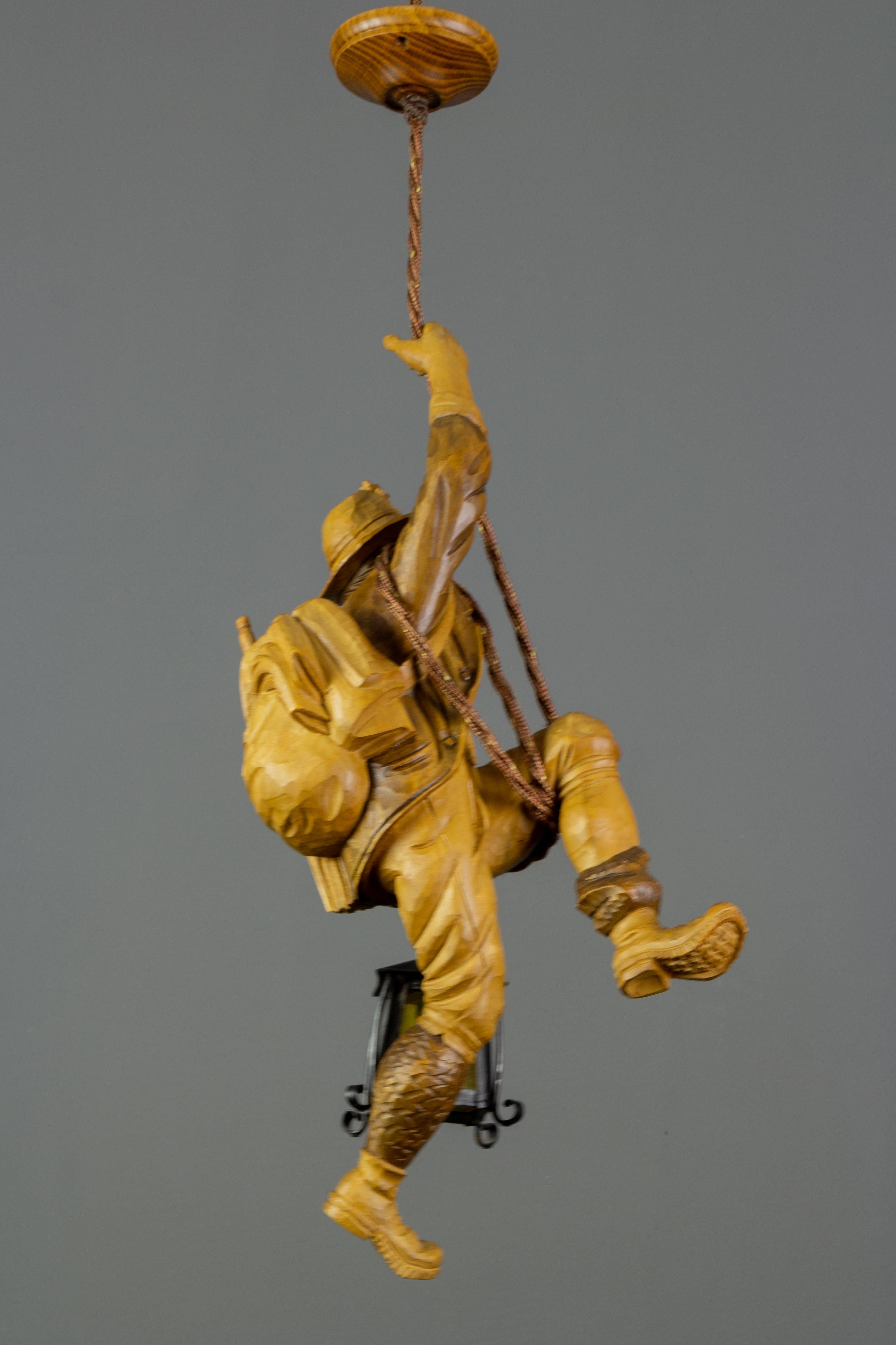 Mid-20th Century Pendant Light Fixture Hand Carved Wood Figure Climber with Lantern, Germany