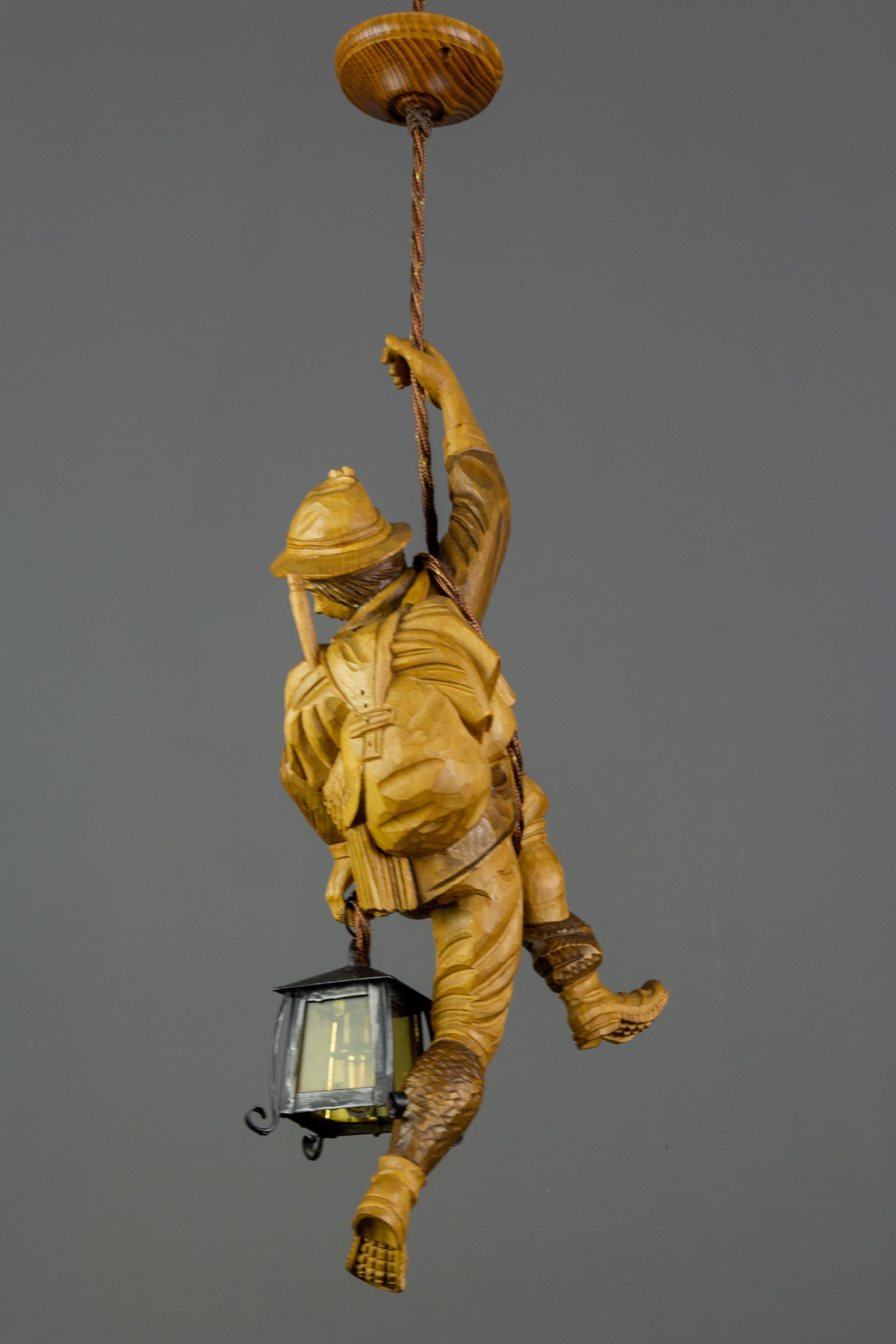 Metal Pendant Light Fixture Hand Carved Wood Figure Climber with Lantern, Germany