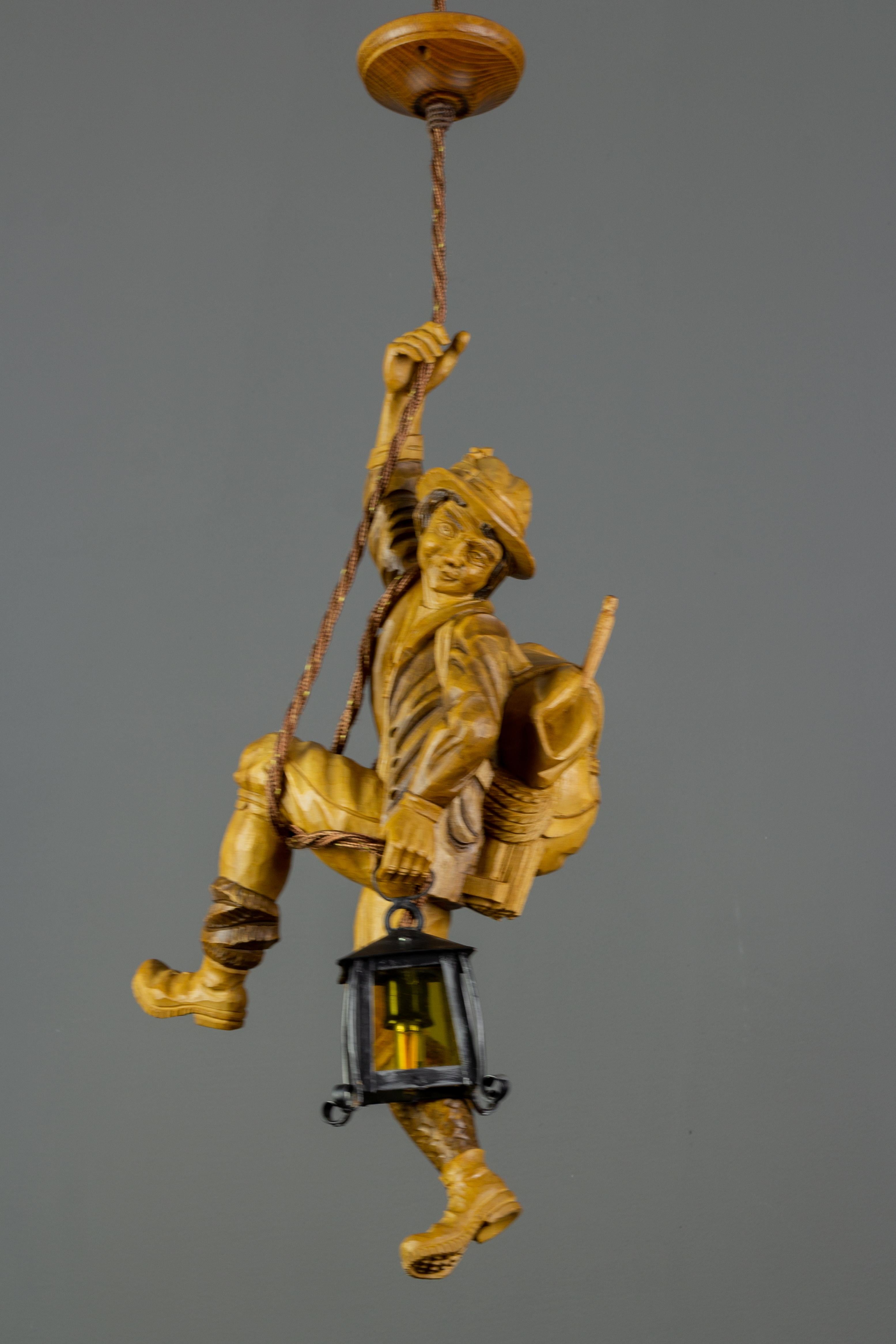 Pendant Light Fixture Hand Carved Wood Figure Climber with Lantern, Germany 1