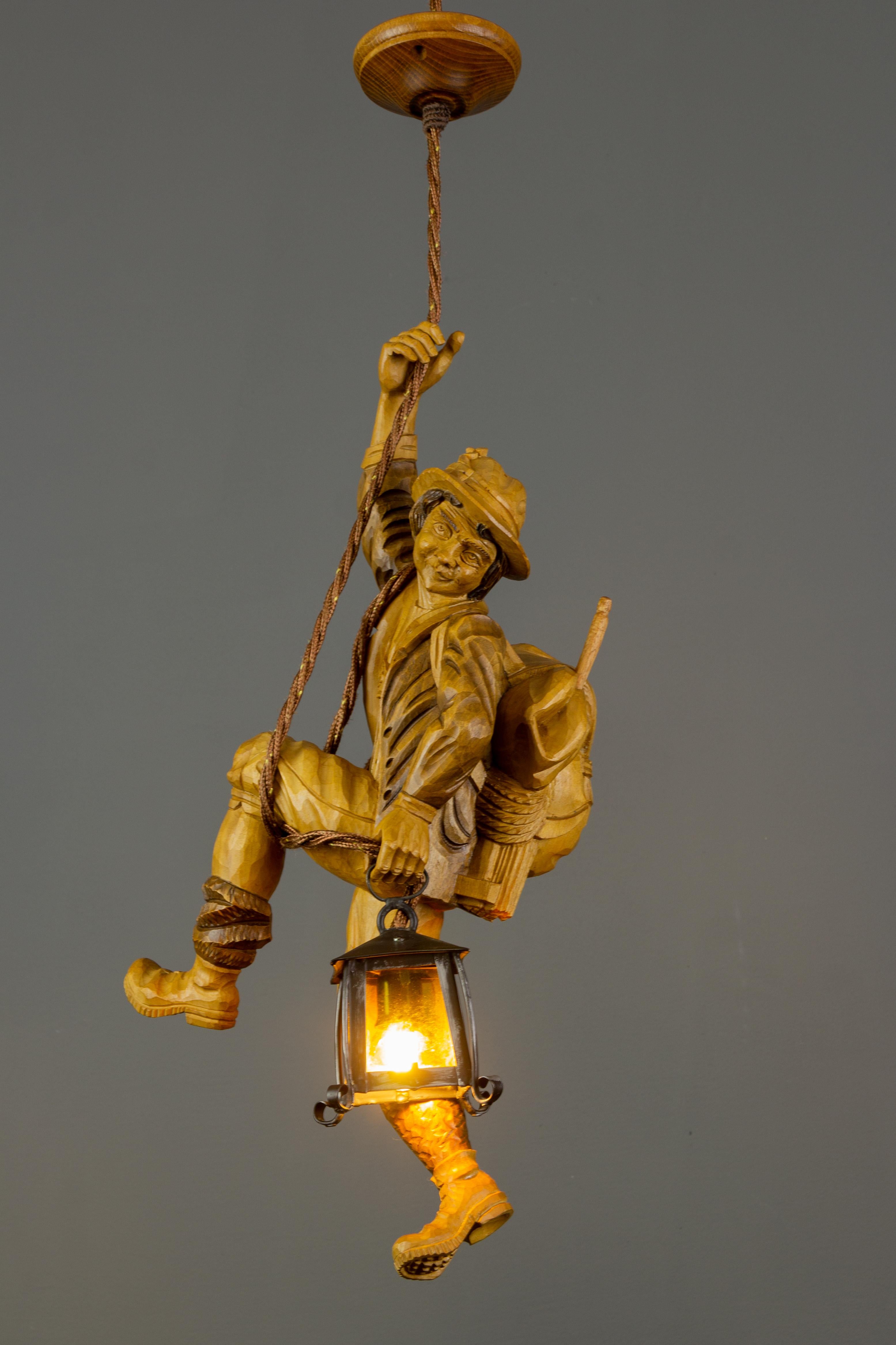 Pendant Light Fixture Hand Carved Wood Figure Climber with Lantern, Germany 2