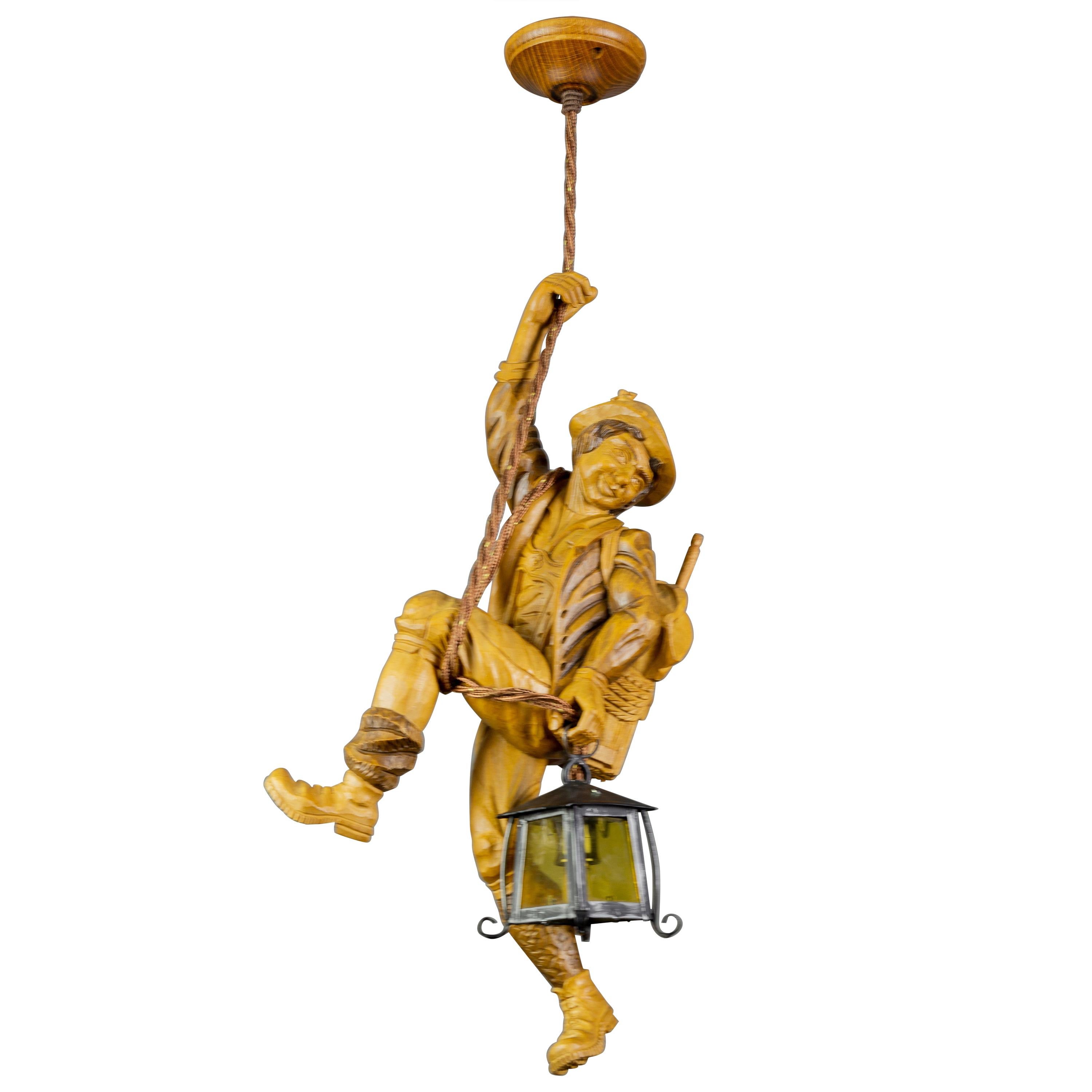 Pendant Light Fixture Hand Carved Wood Figure Climber with Lantern, Germany