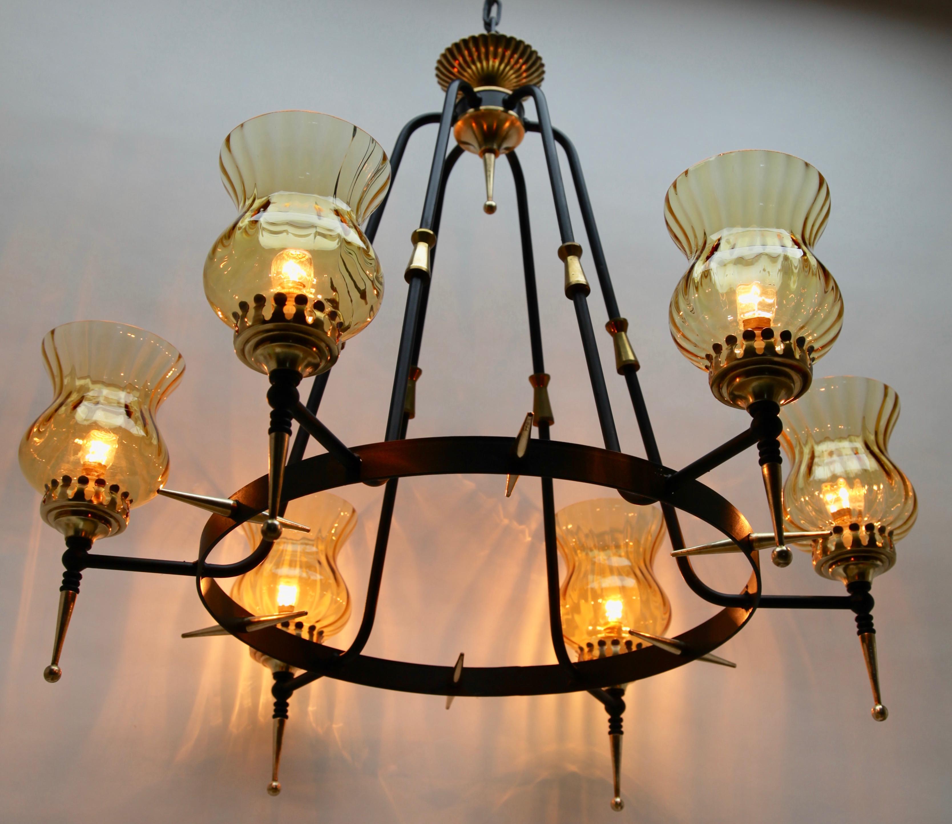 Pendant Light Forget Metal and Solid Brass Details Whit Optical Lampshades For Sale 2
