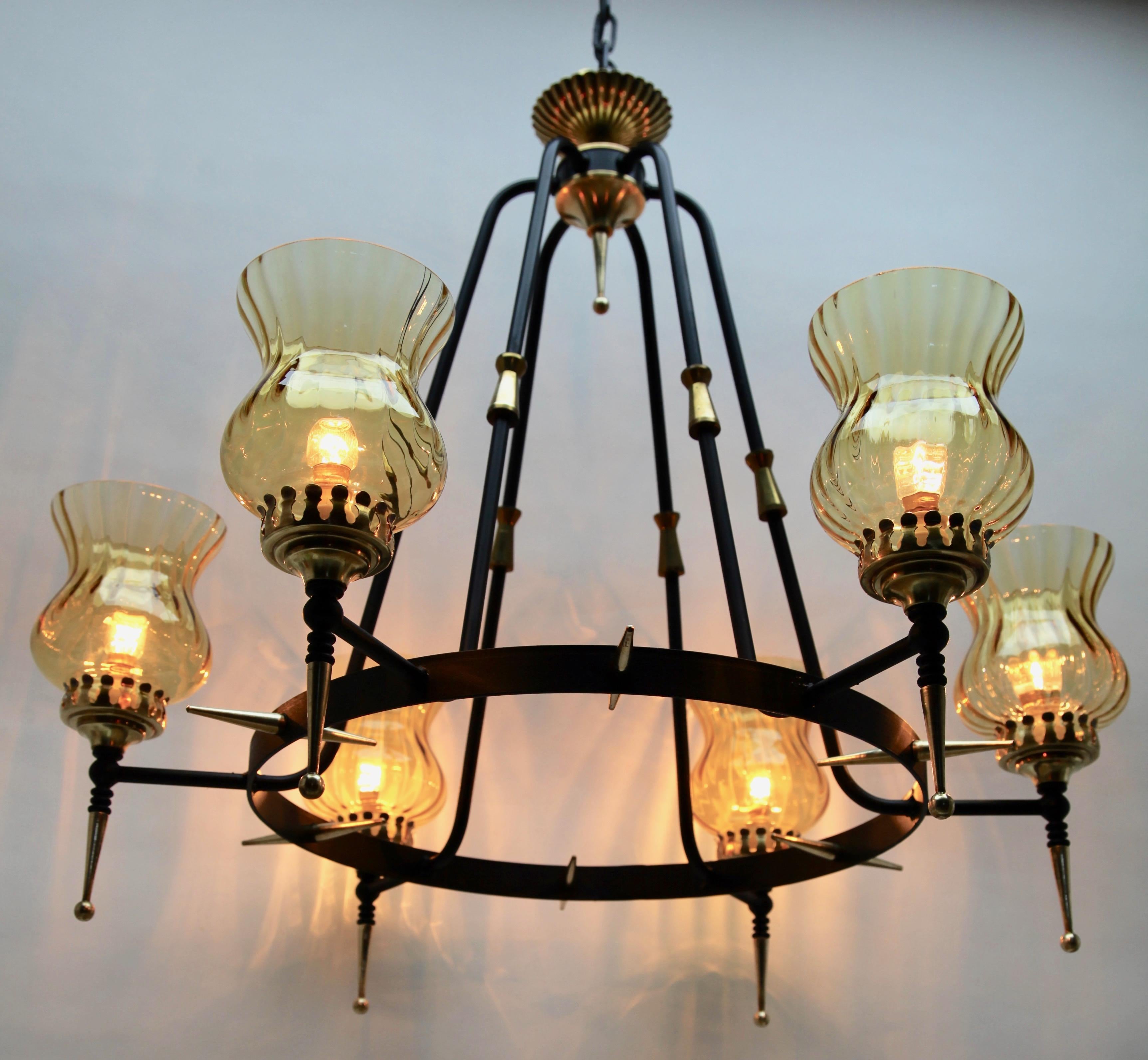 Mid-20th Century Pendant Light Forget Metal and Solid Brass Details Whit Optical Lampshades For Sale