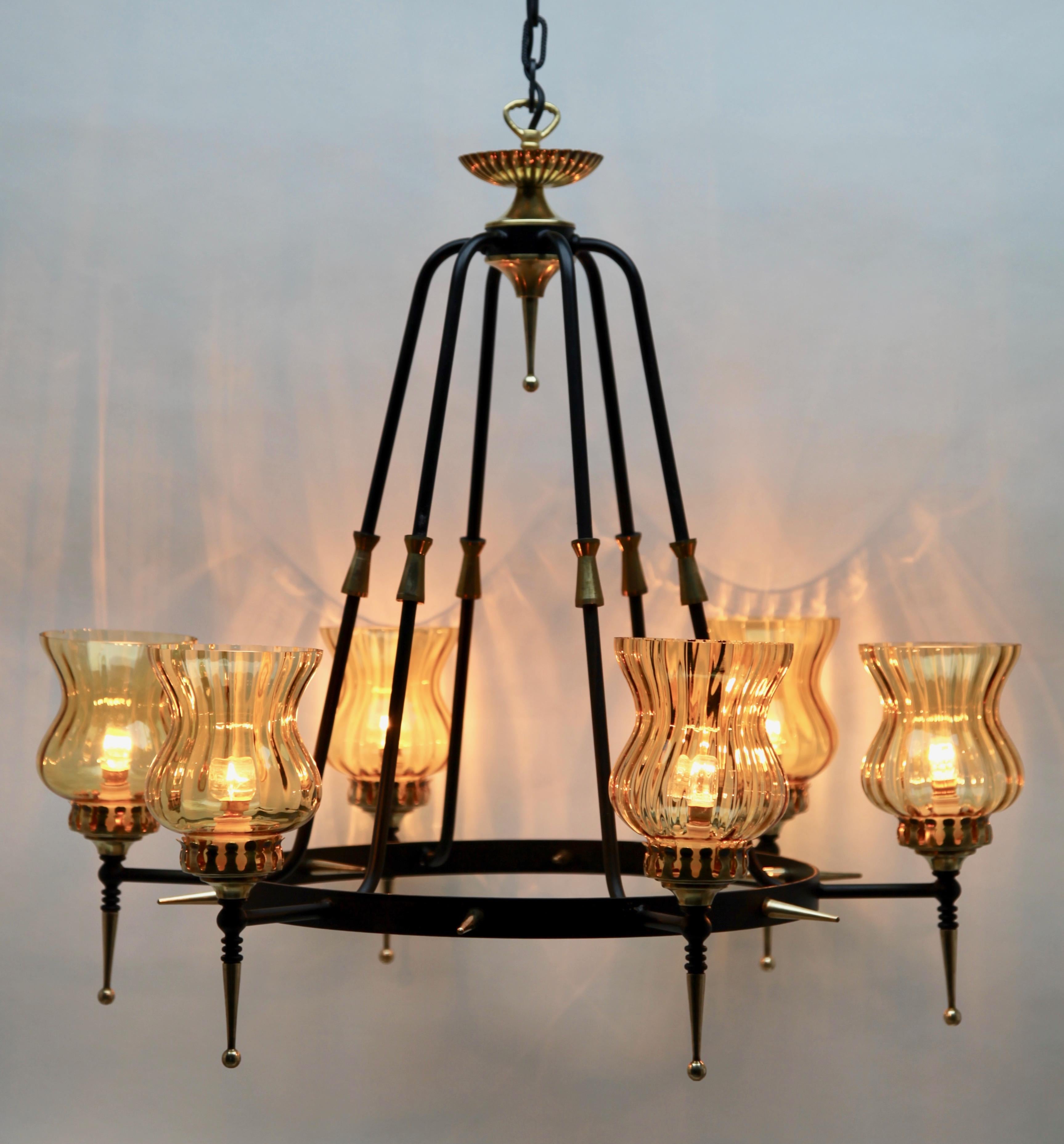 Opaline Glass Pendant Light Forget Metal and Solid Brass Details Whit Optical Lampshades For Sale