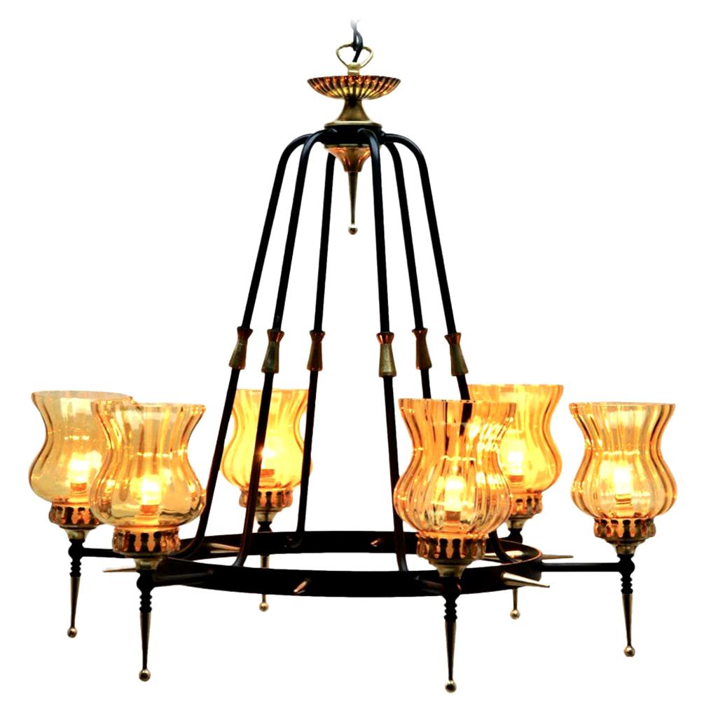 Pendant Light Forget Metal and Solid Brass Details Whit Optical Lampshades For Sale