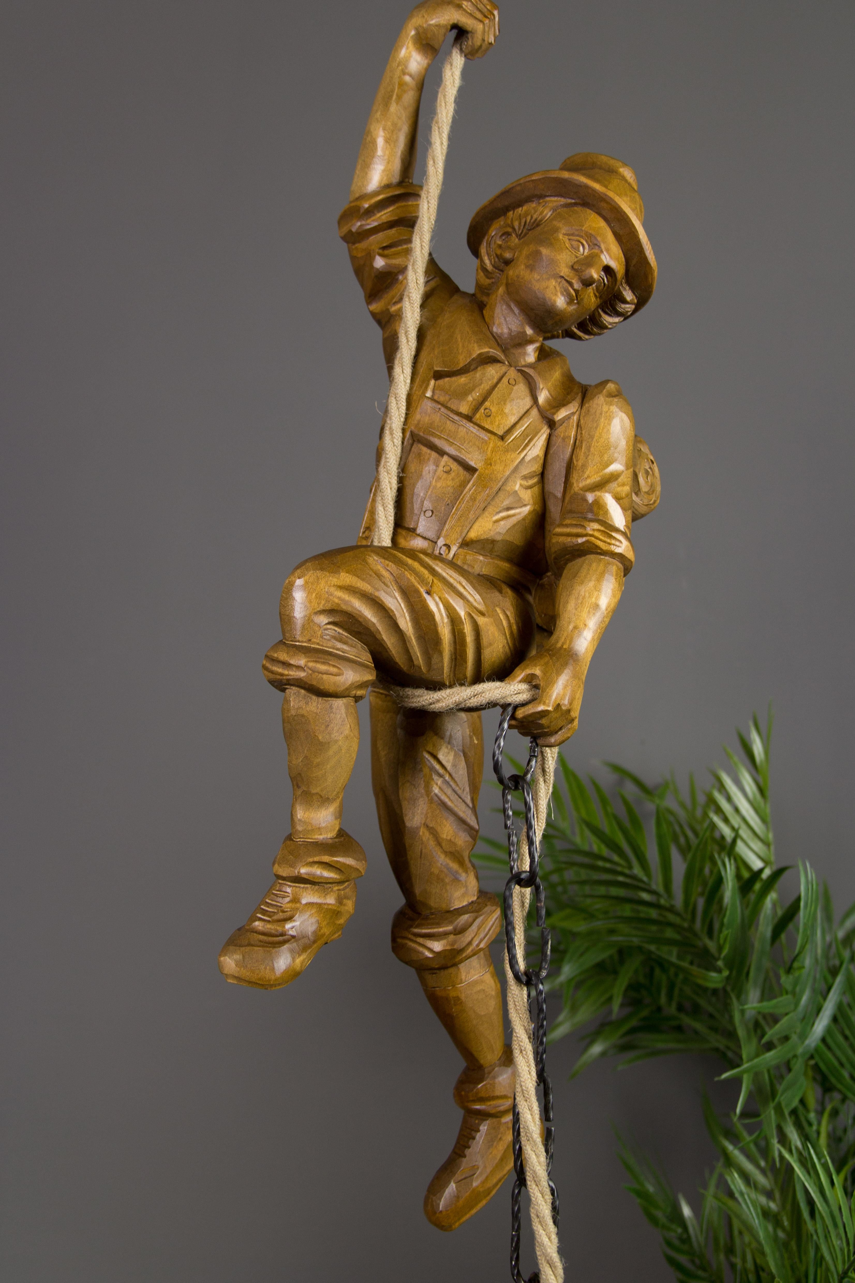 Pendant Light Hand Carved Wood Figure Mountaineer Climber with Lantern, Germany For Sale 1