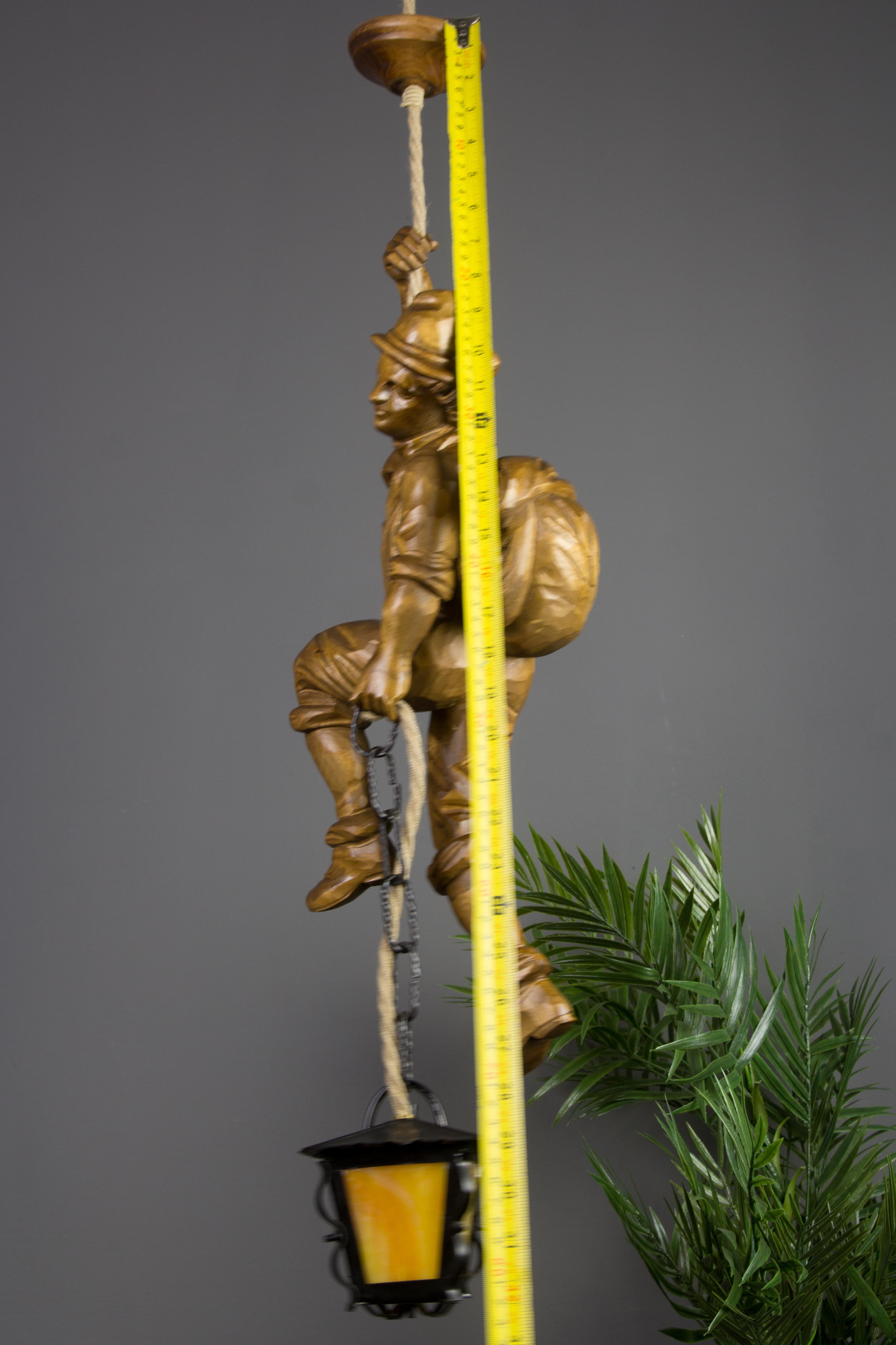 Pendant Light Hand Carved Wood Figure Mountaineer Climber with Lantern, Germany For Sale 5