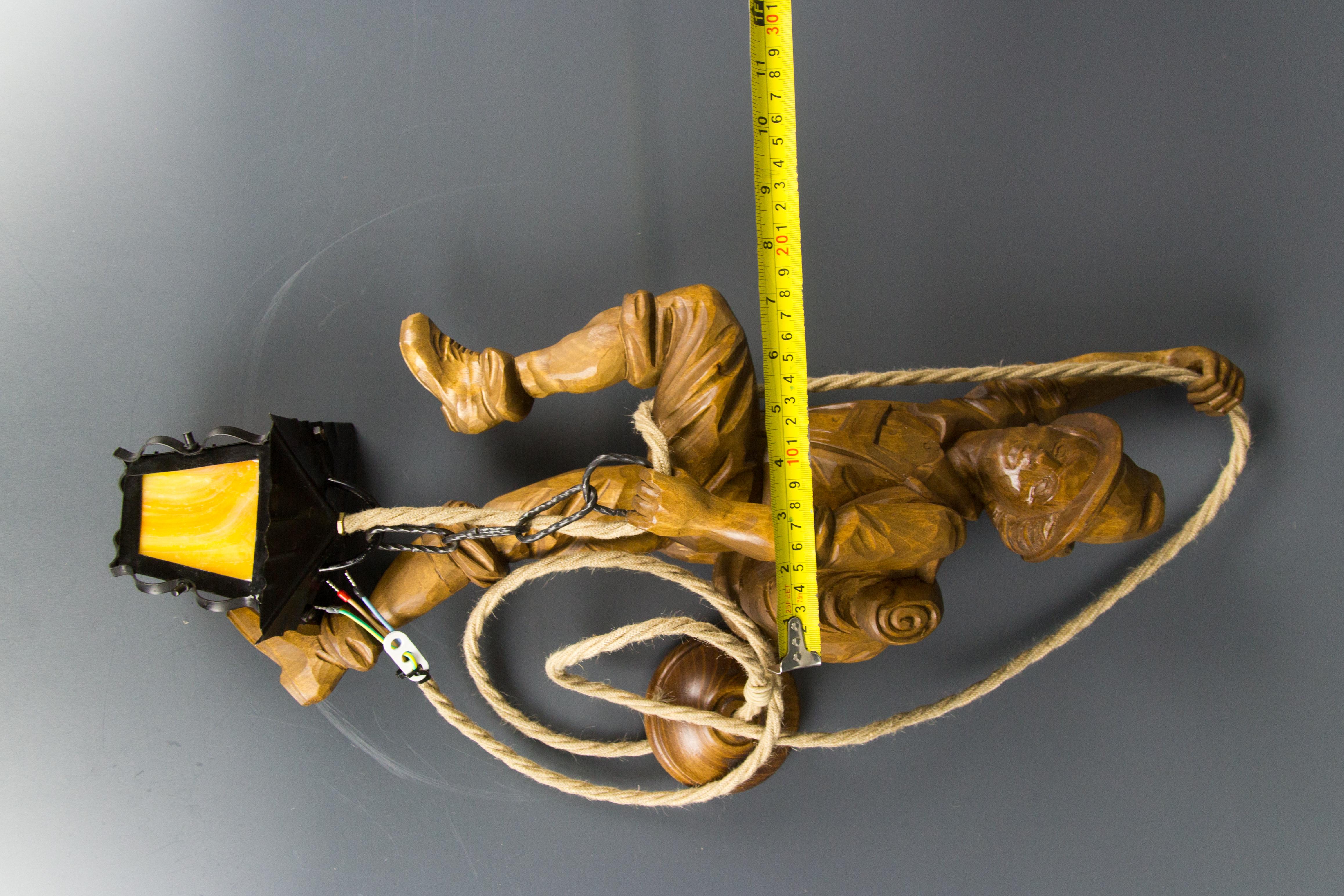 Pendant Light Hand Carved Wood Figure Mountaineer Climber with Lantern, Germany For Sale 4