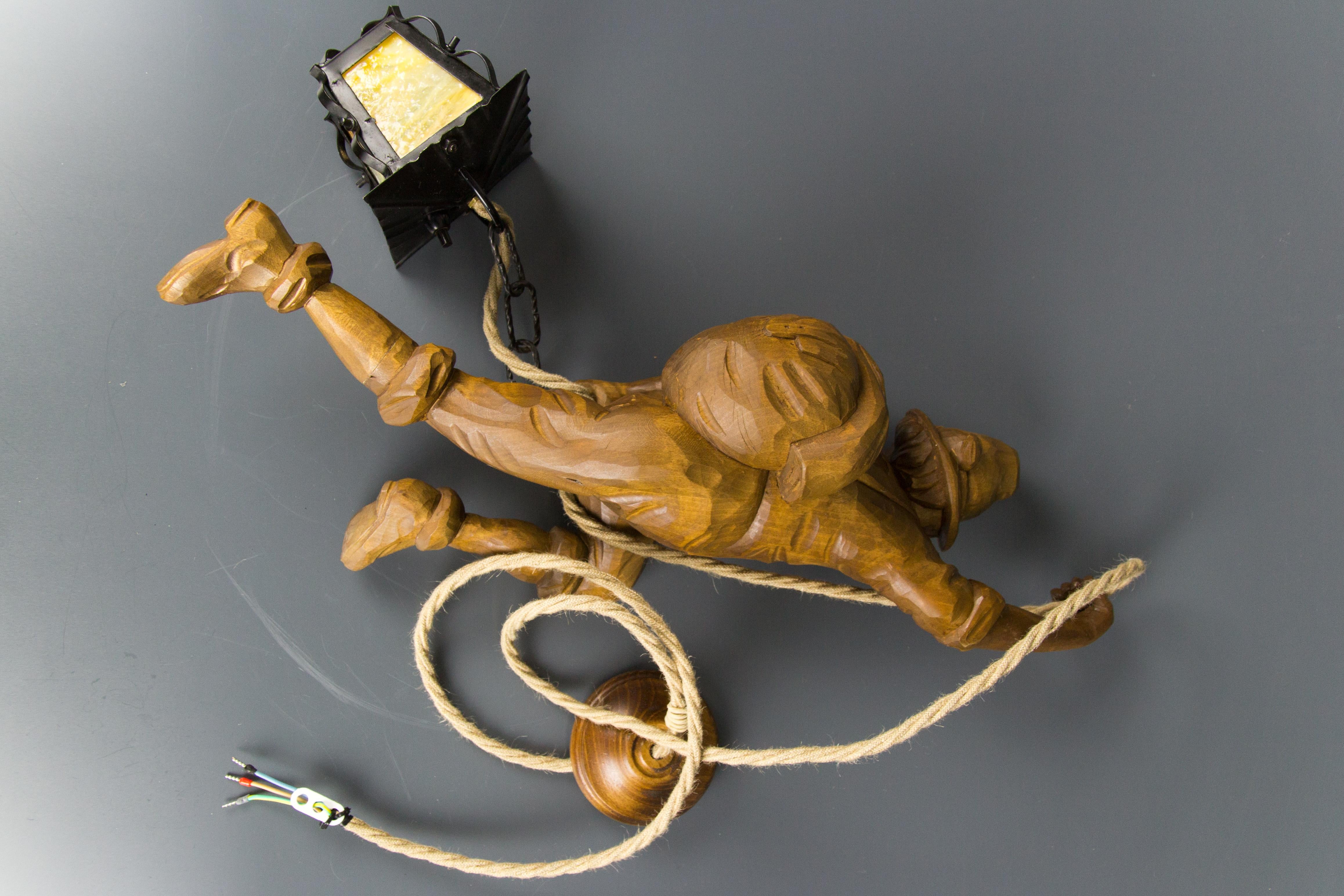 Pendant Light Hand Carved Wood Figure Mountaineer Climber with Lantern, Germany For Sale 9