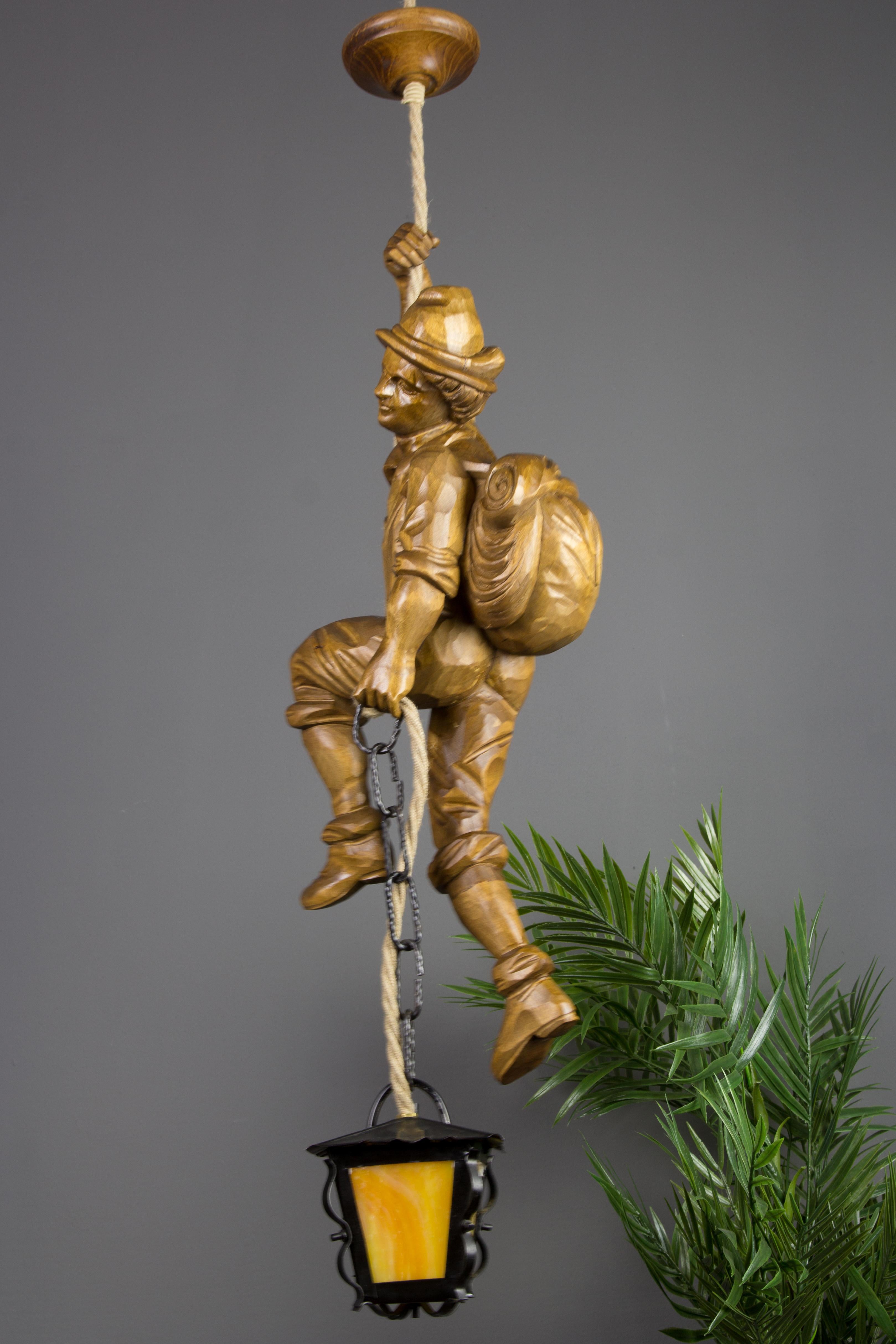 Pendant Light Hand Carved Wood Figure Mountaineer Climber with Lantern, Germany For Sale 8