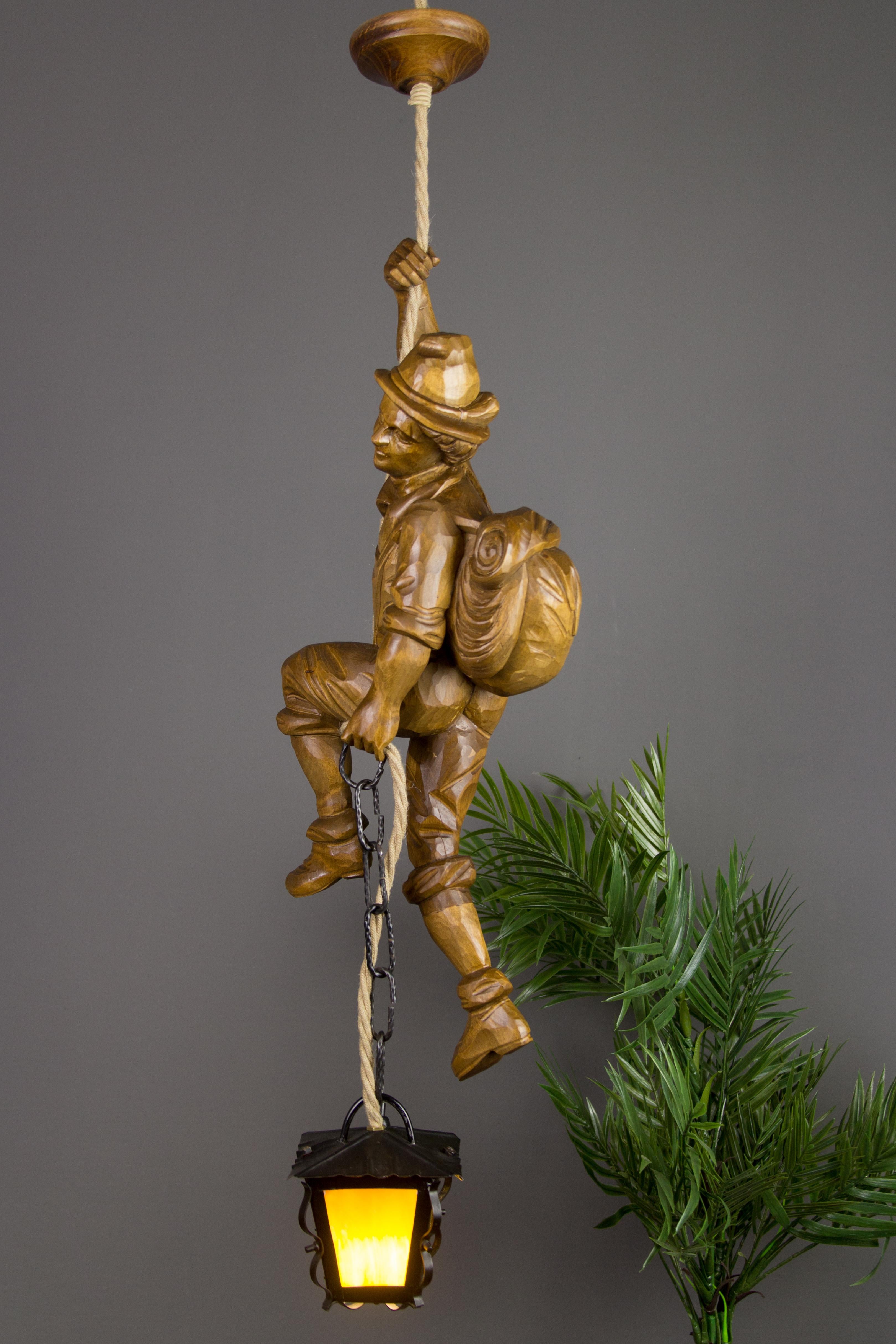 Pendant Light Hand Carved Wood Figure Mountaineer Climber with Lantern, Germany For Sale 10